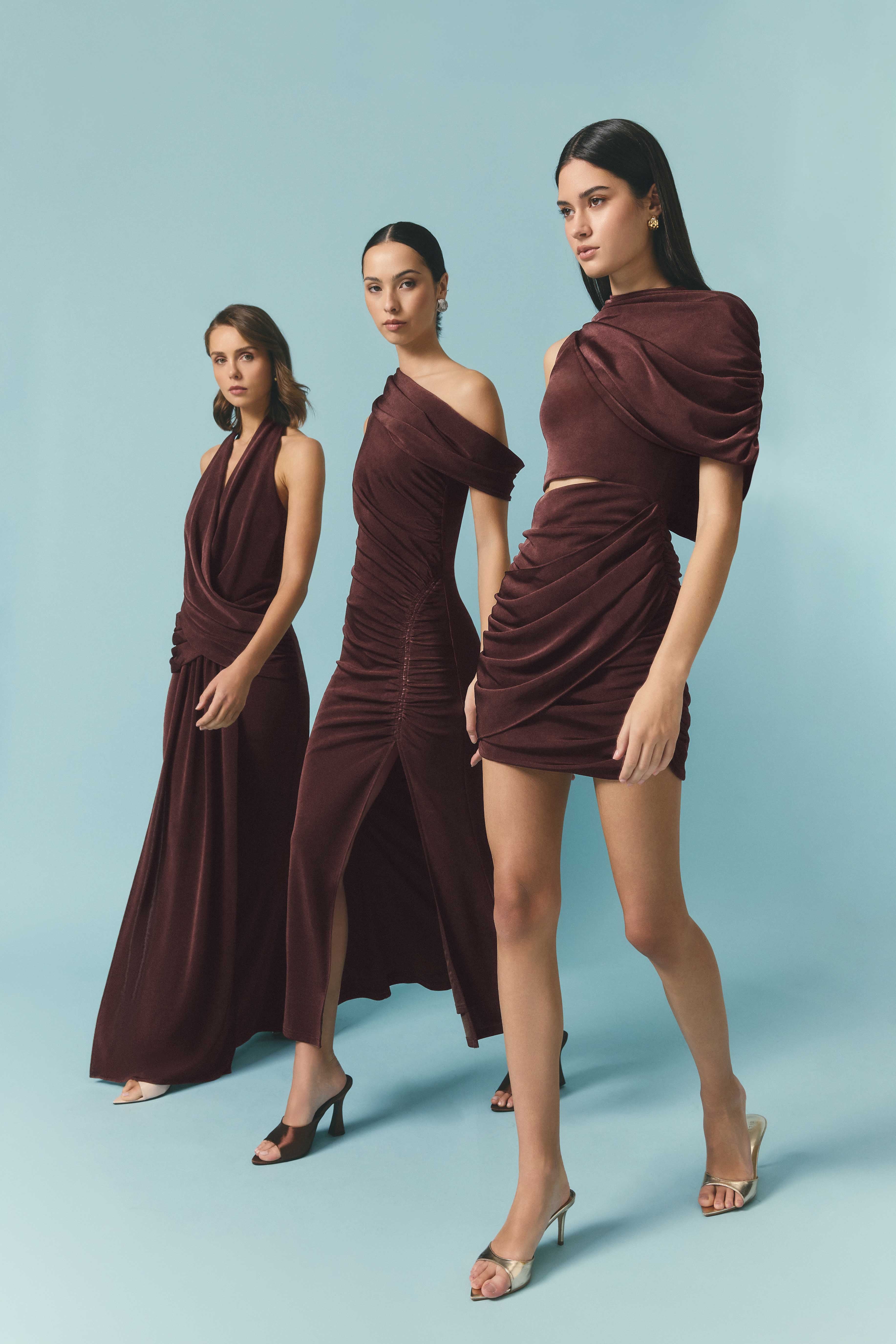 Simone One Shoulder Maxi Dress in Chocolate Brown