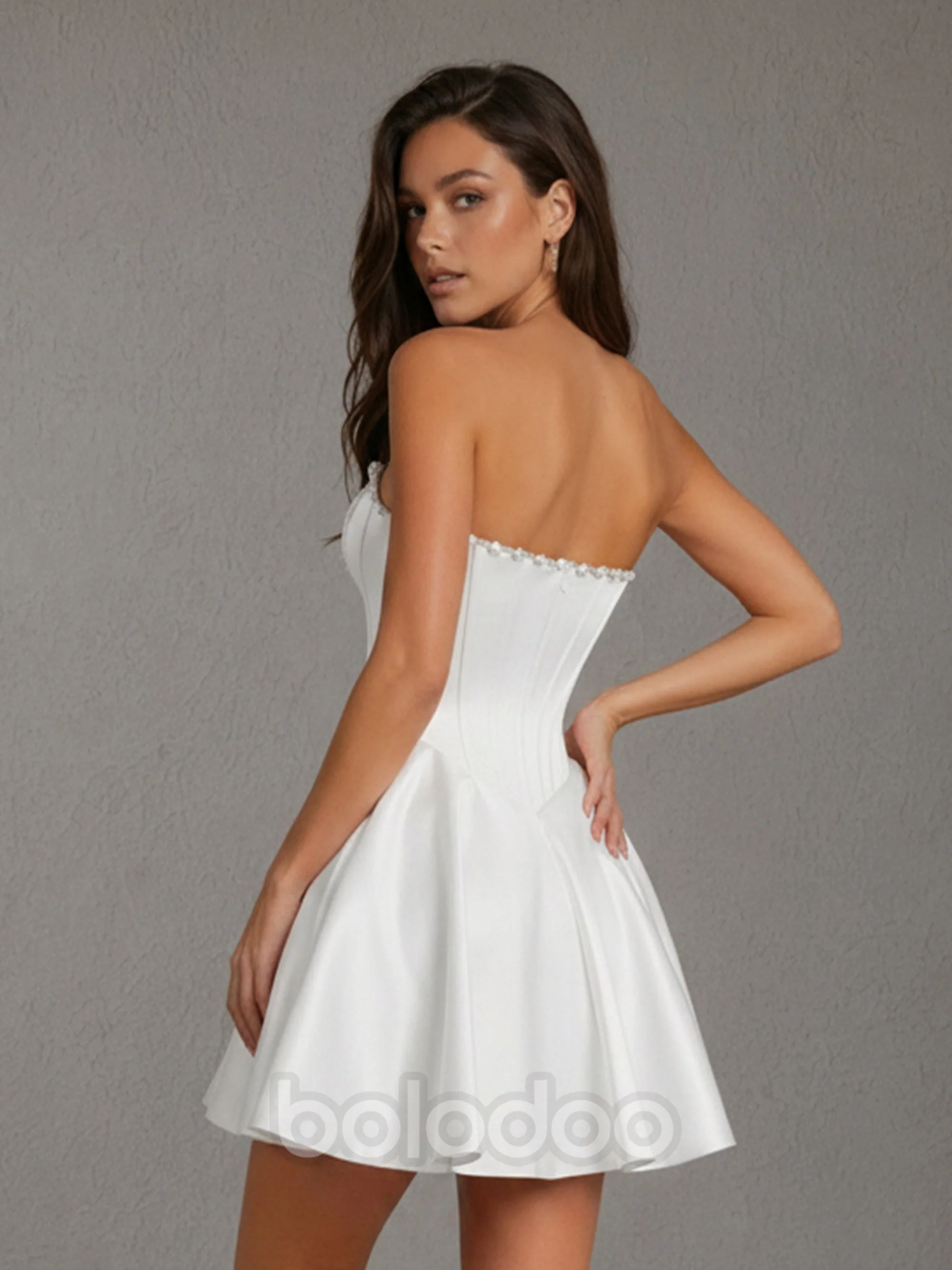 BOLODOO White Satin Pearl Trim Strapless Corset Mini Dress | Open Back Bridal