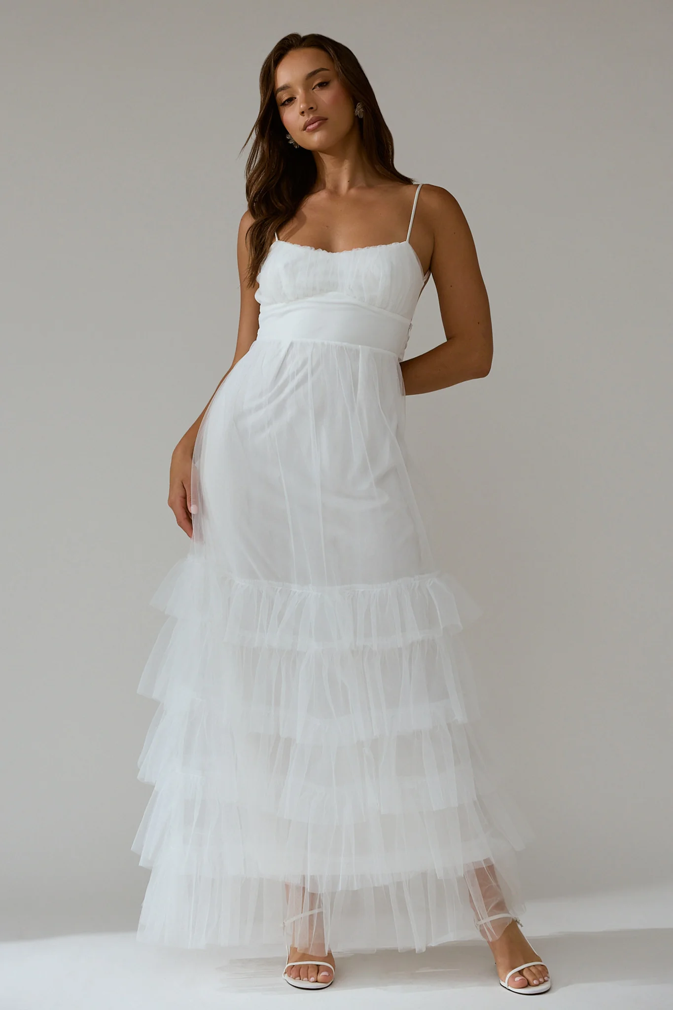 Nerida Twist Back Frill Trim Mesh Maxi Dress White