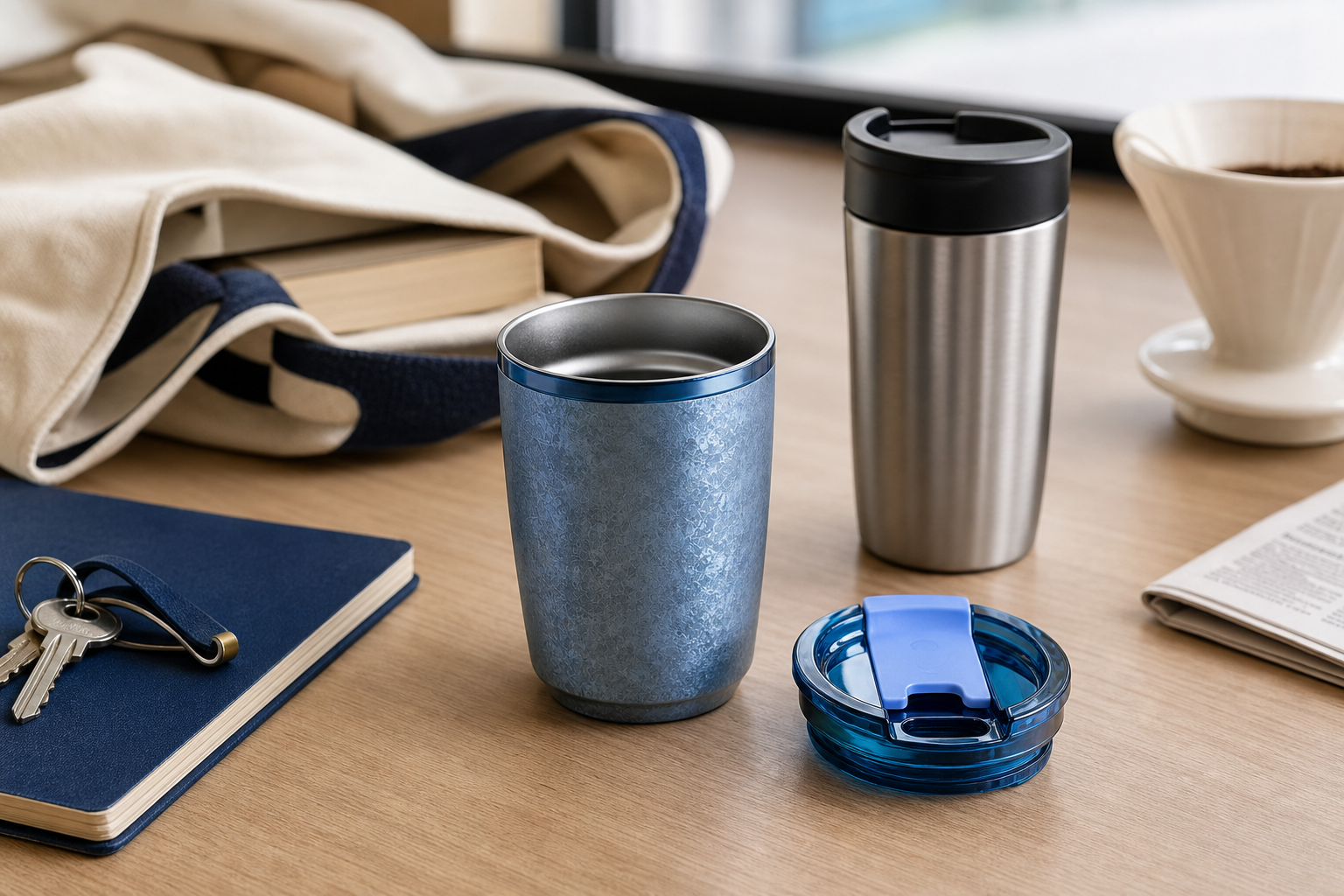 Avinoti titanium coffee cup beside a stainless travel cup in a commuting setup