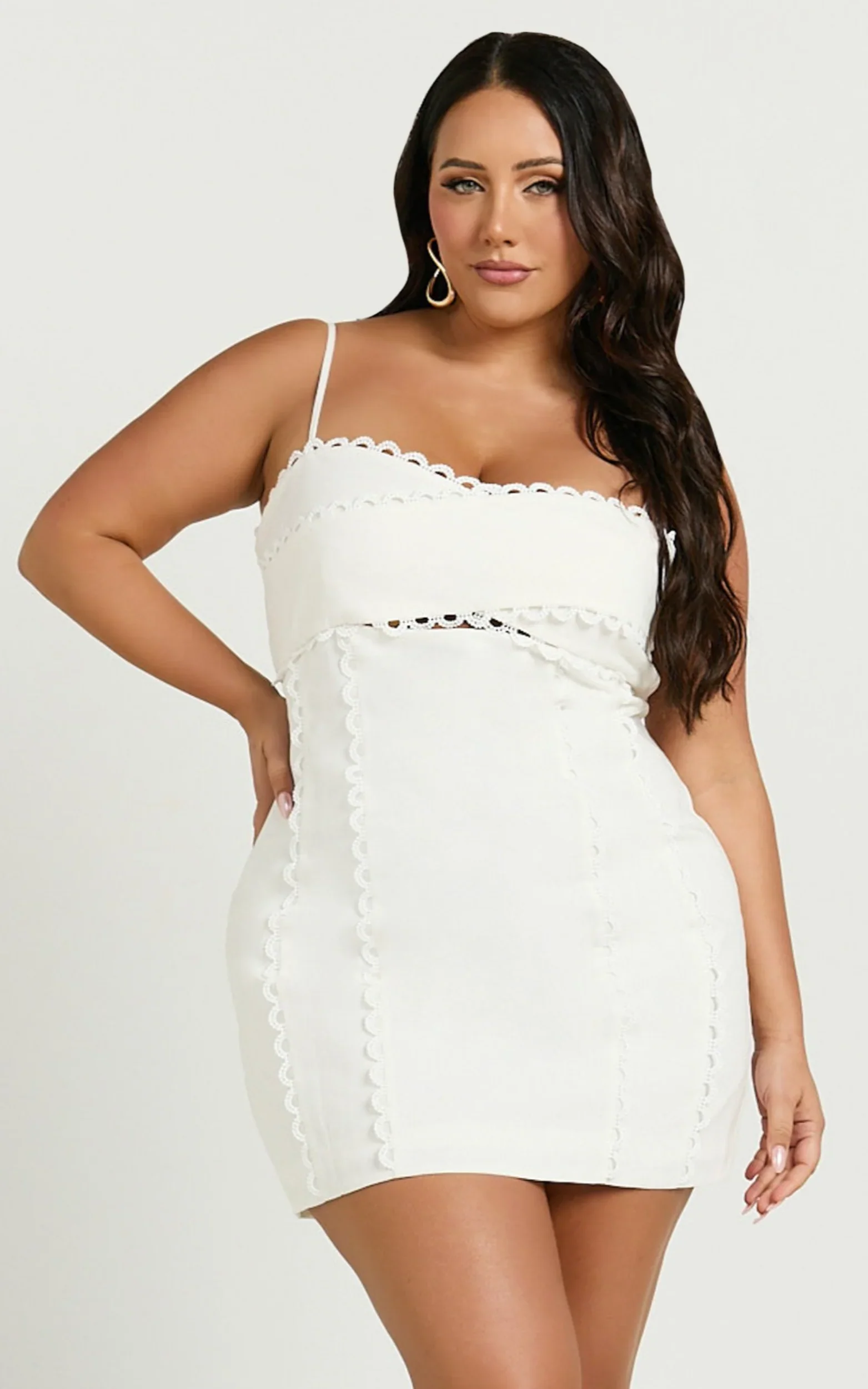 Gigi Mini Linen Blend Dress Sweetheart Tie Back Scallop Detail Dress in Off White - luluinthesky