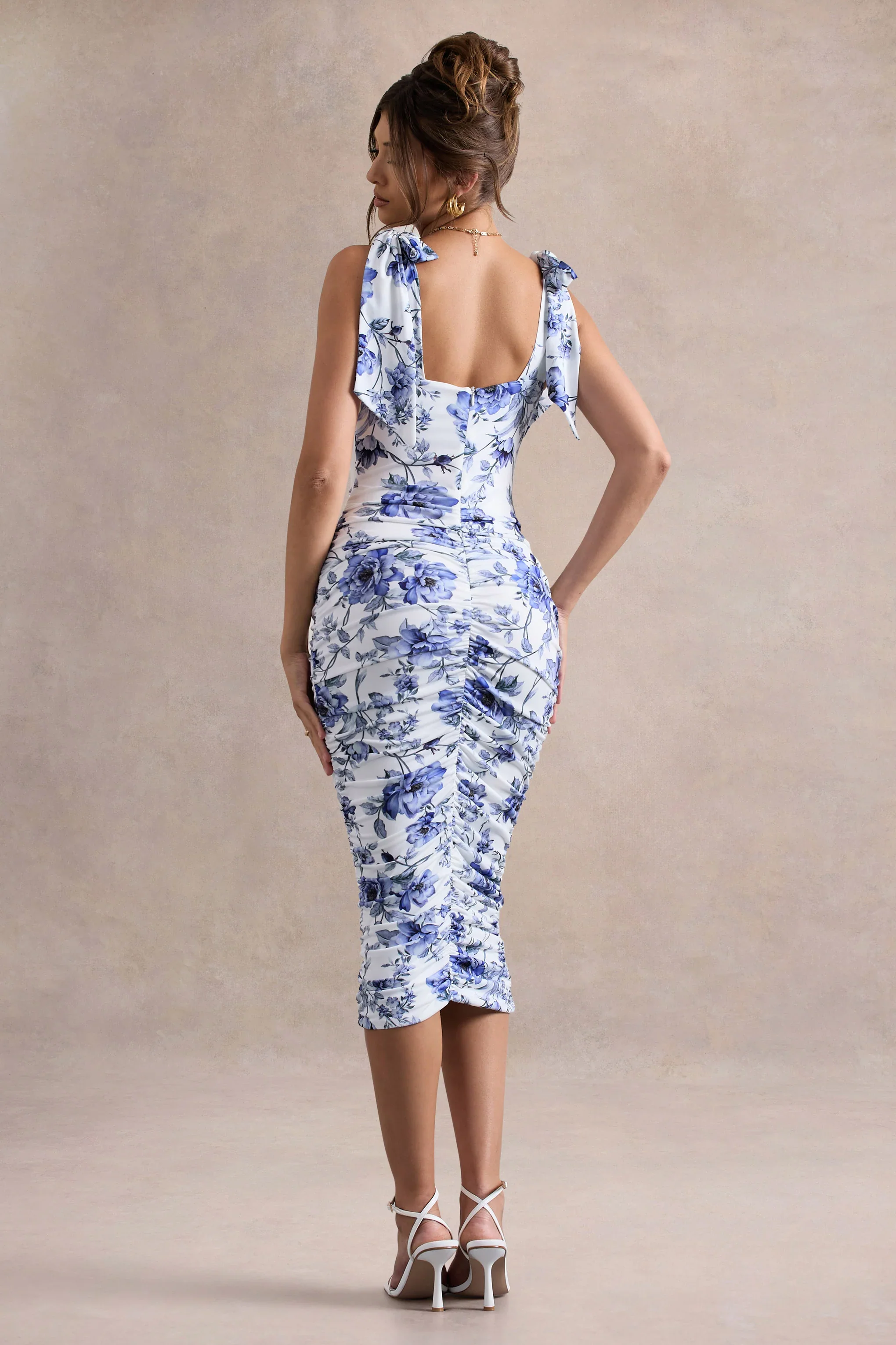 Cordelia | Blue Porcelain Print Bodycon Midi Dress With Bow Straps