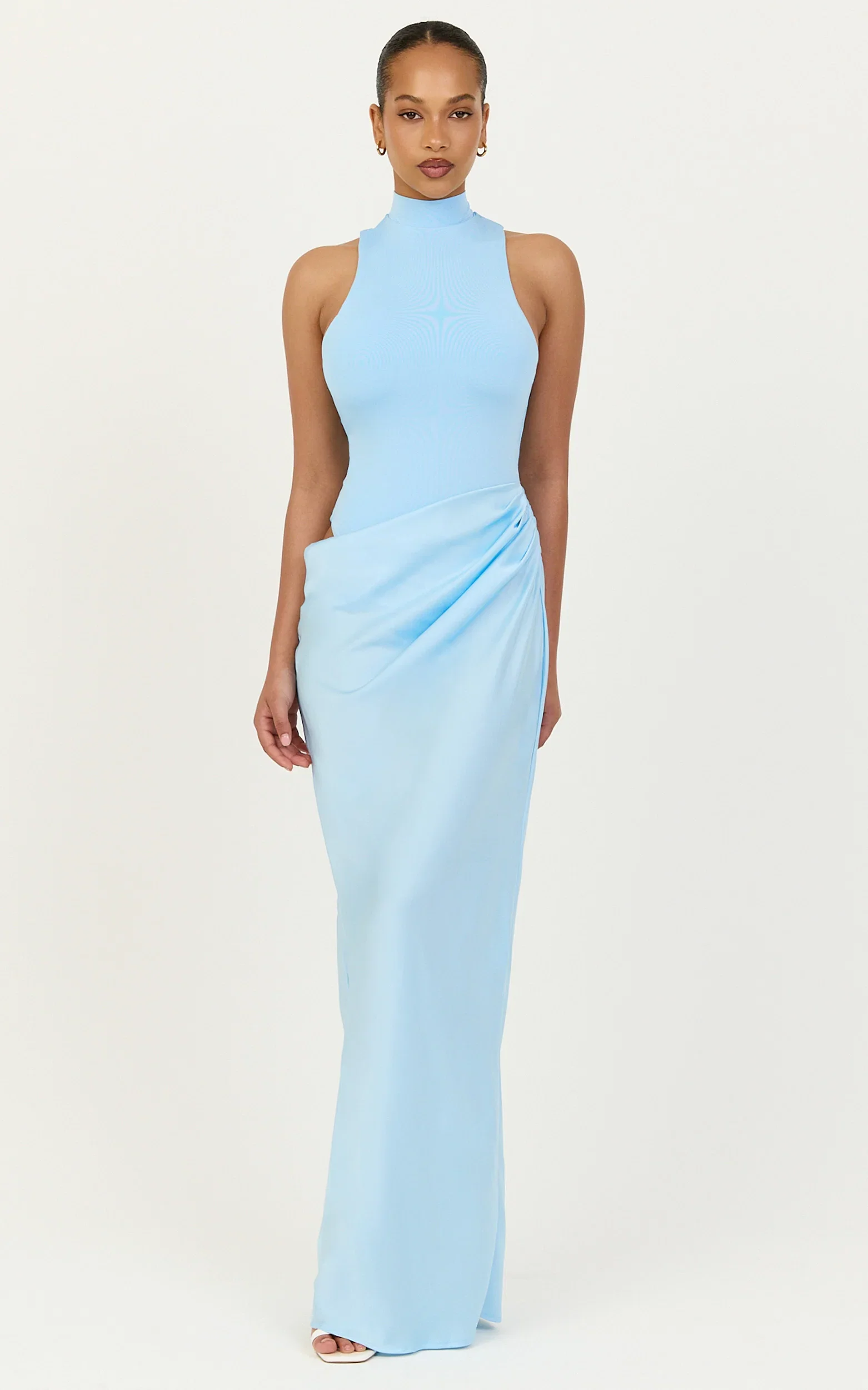 Elodie Maxi Dress - High Neck Draped Overlay Dress in Light Blue