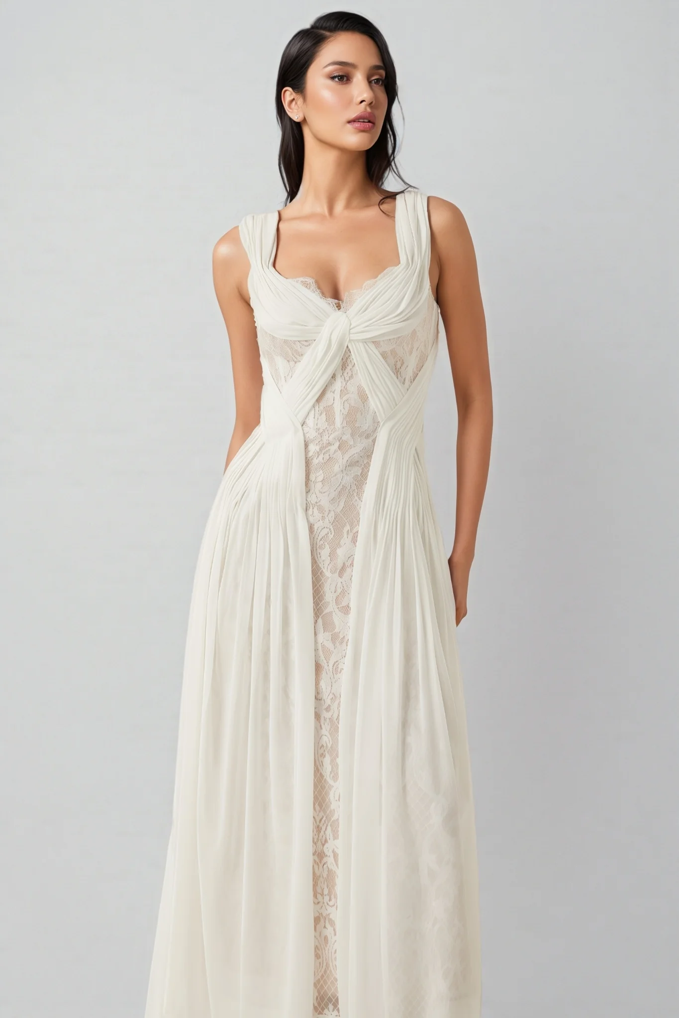 Layana White Lace Pleated Maxi Dress