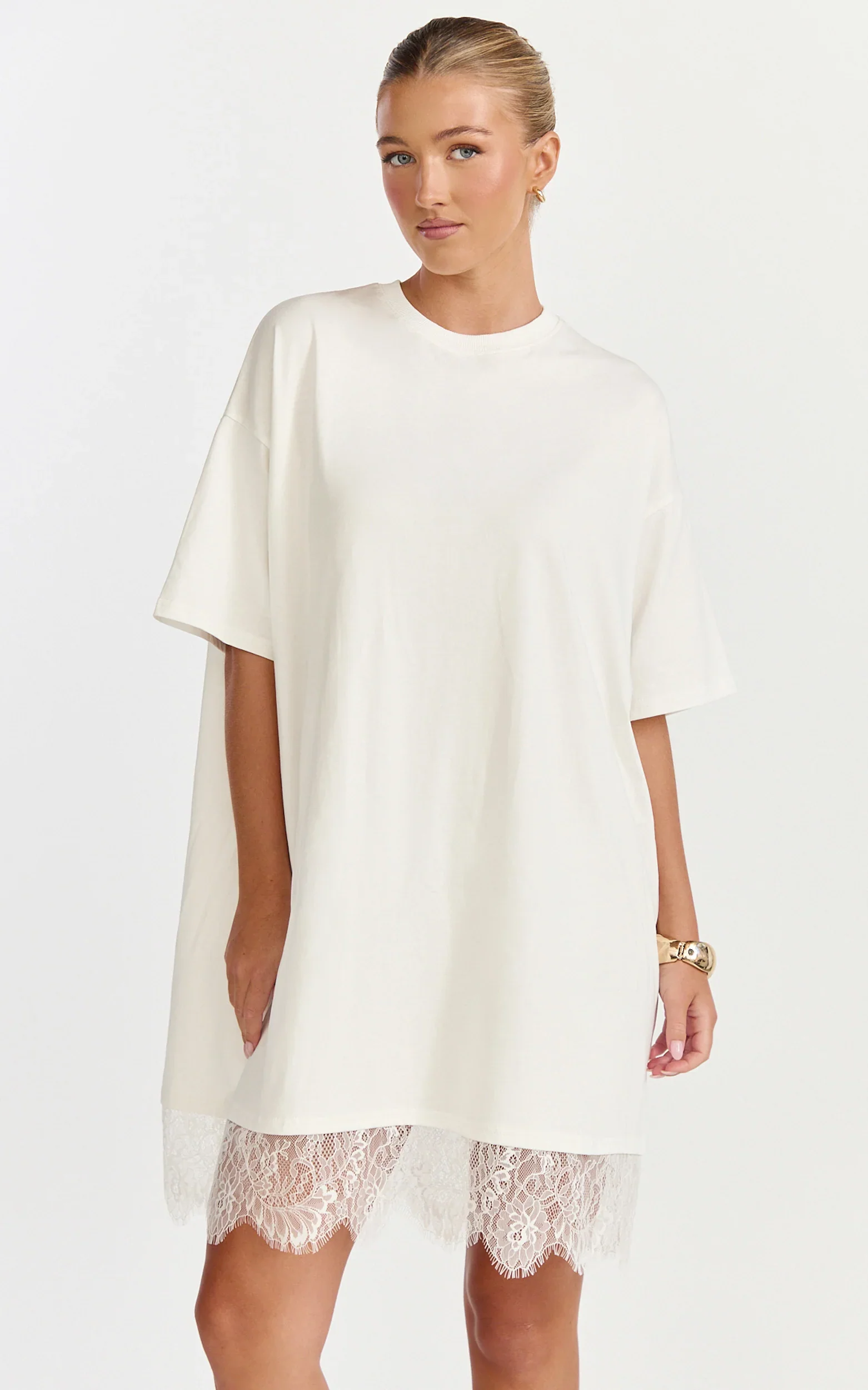 Rina Mini Dress - Mini Lace Trim Dress in Off White