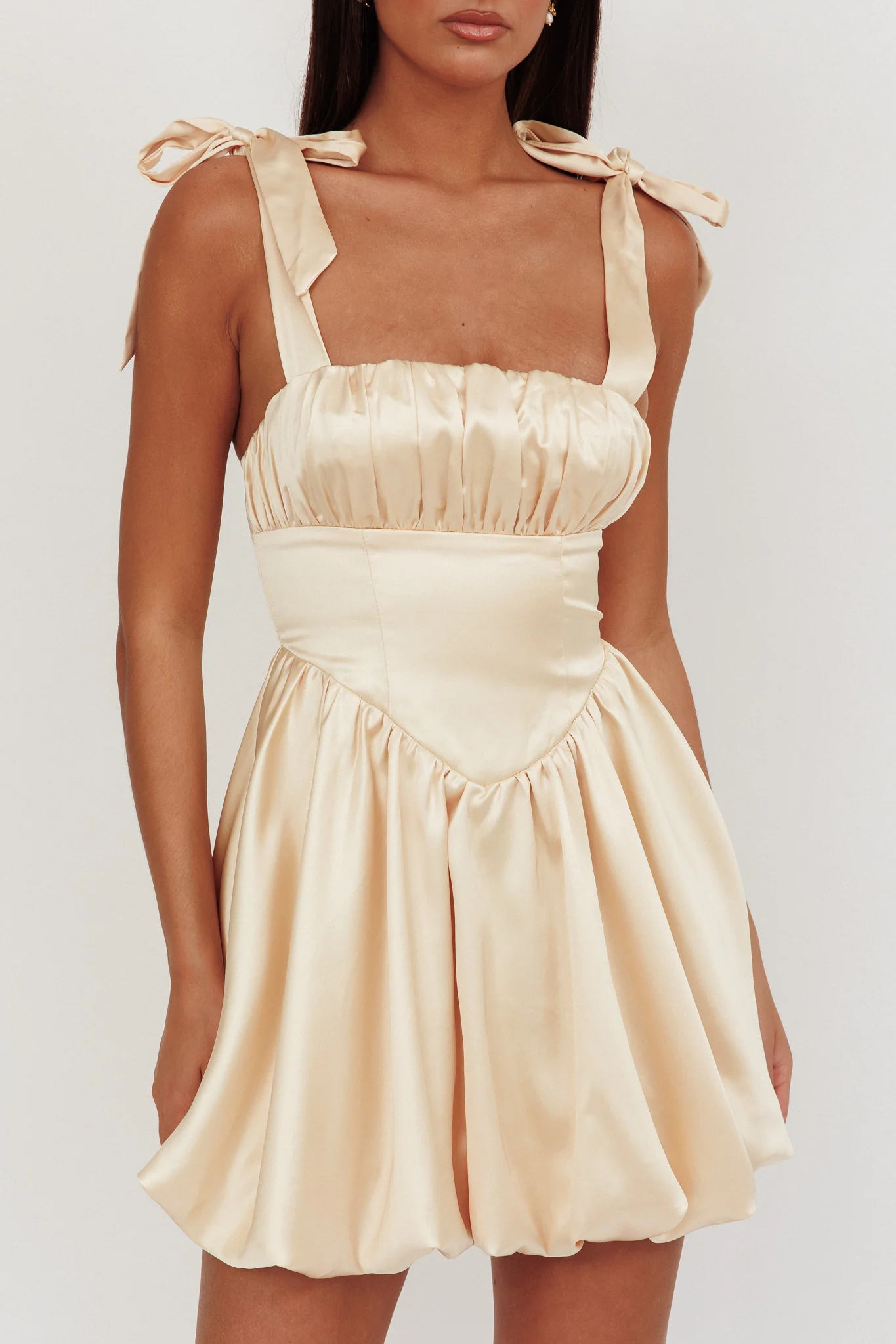 Just Magic Tied Shoulder Bubble Hem Mini Dress Butter - luluinthesky