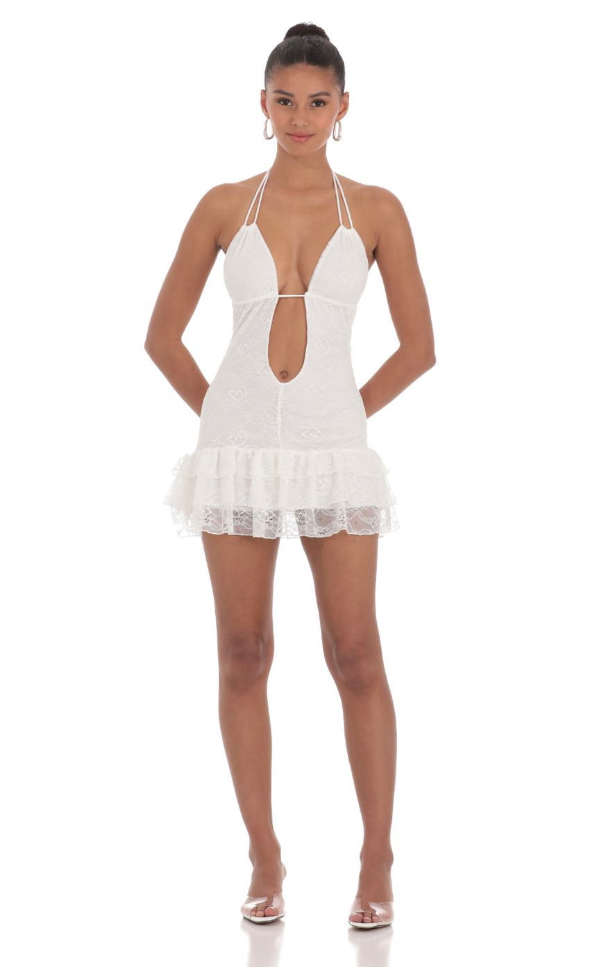 Lace Plunge Neck Dress in White