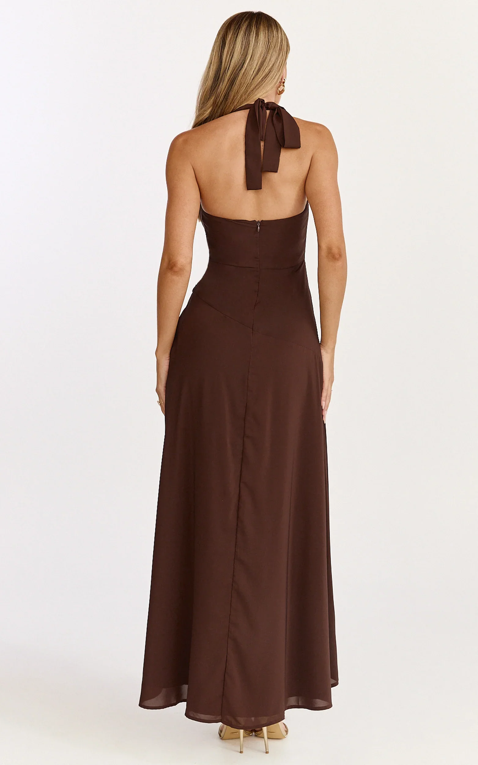 Penelope Maxi Dress - Halter Tie Back Neck Dropped Asymmetric Fit And Flare Dress in Chocolate
