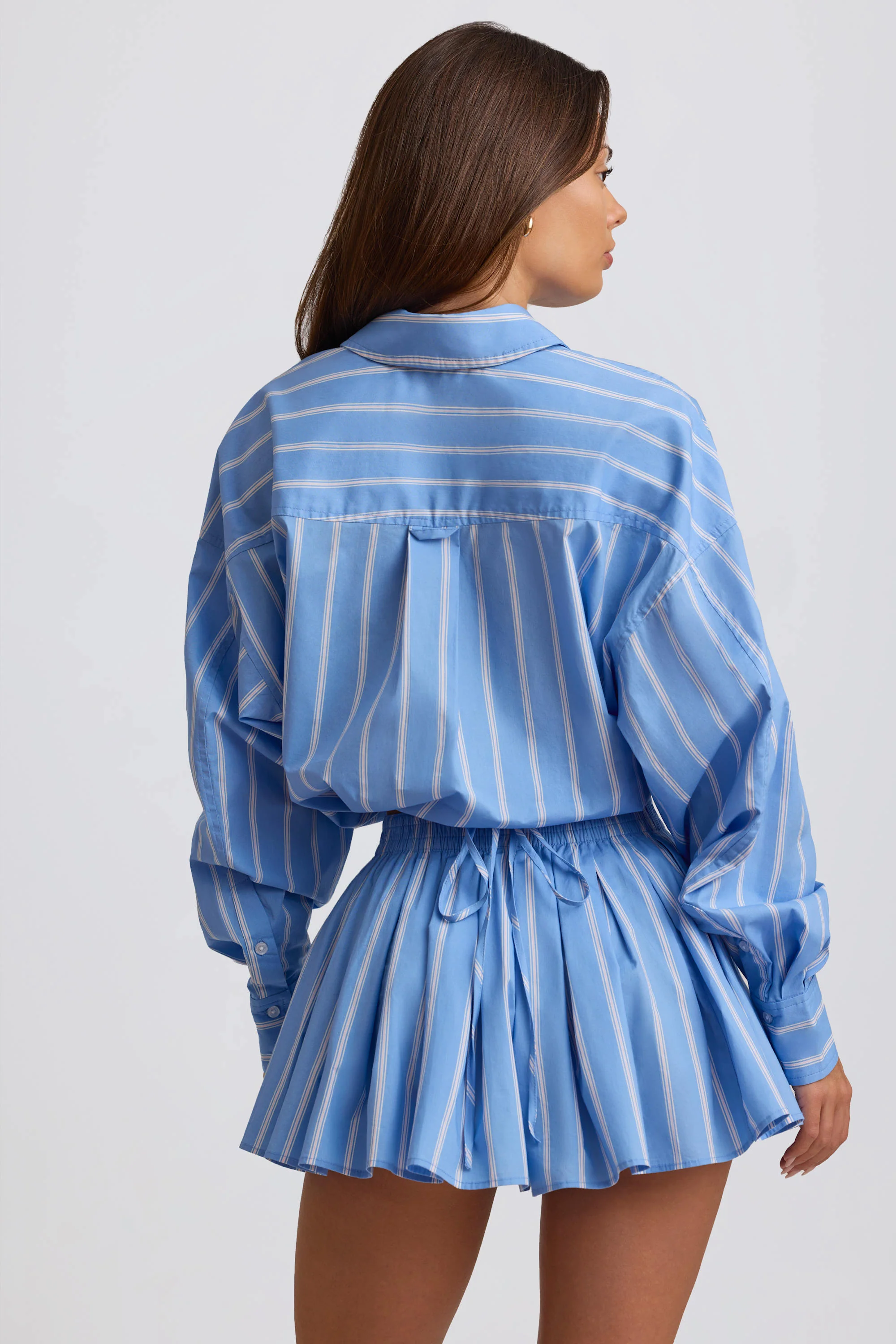 Cotton Poplin Stripe Pleated Shorts in Blue Stripe