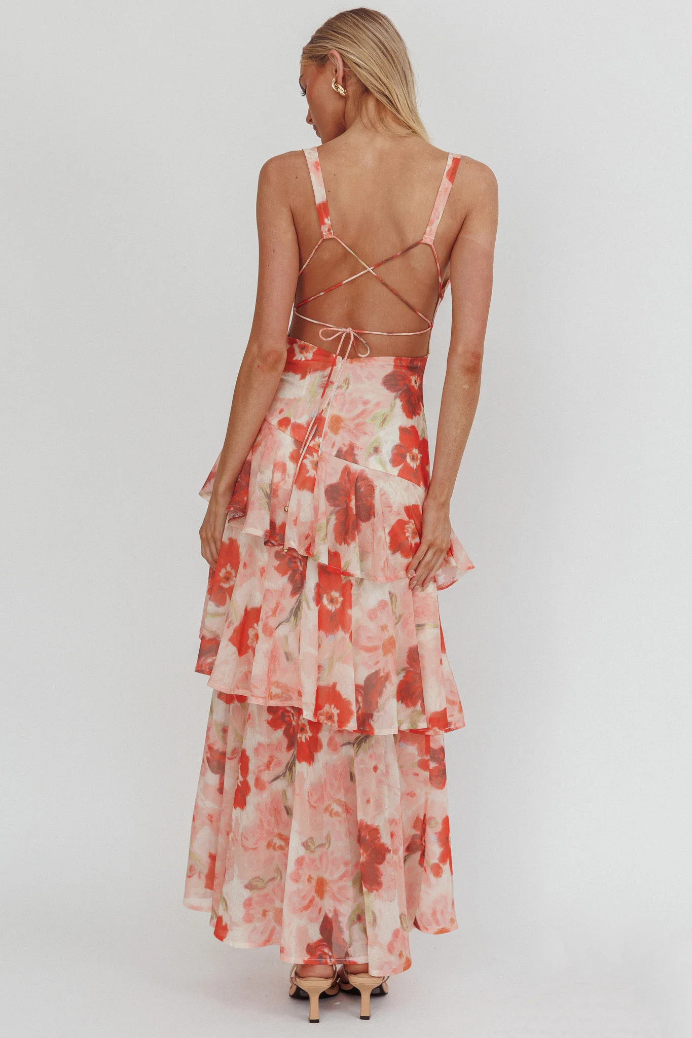 Veda Strappy Back Ruffle Maxi Dress Poppies Red