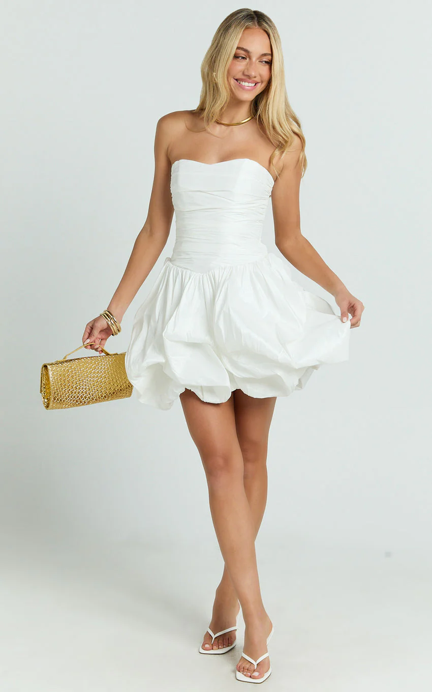Deb Mini Dress - Ruched Strapless Bubble Hem Dress in Off White