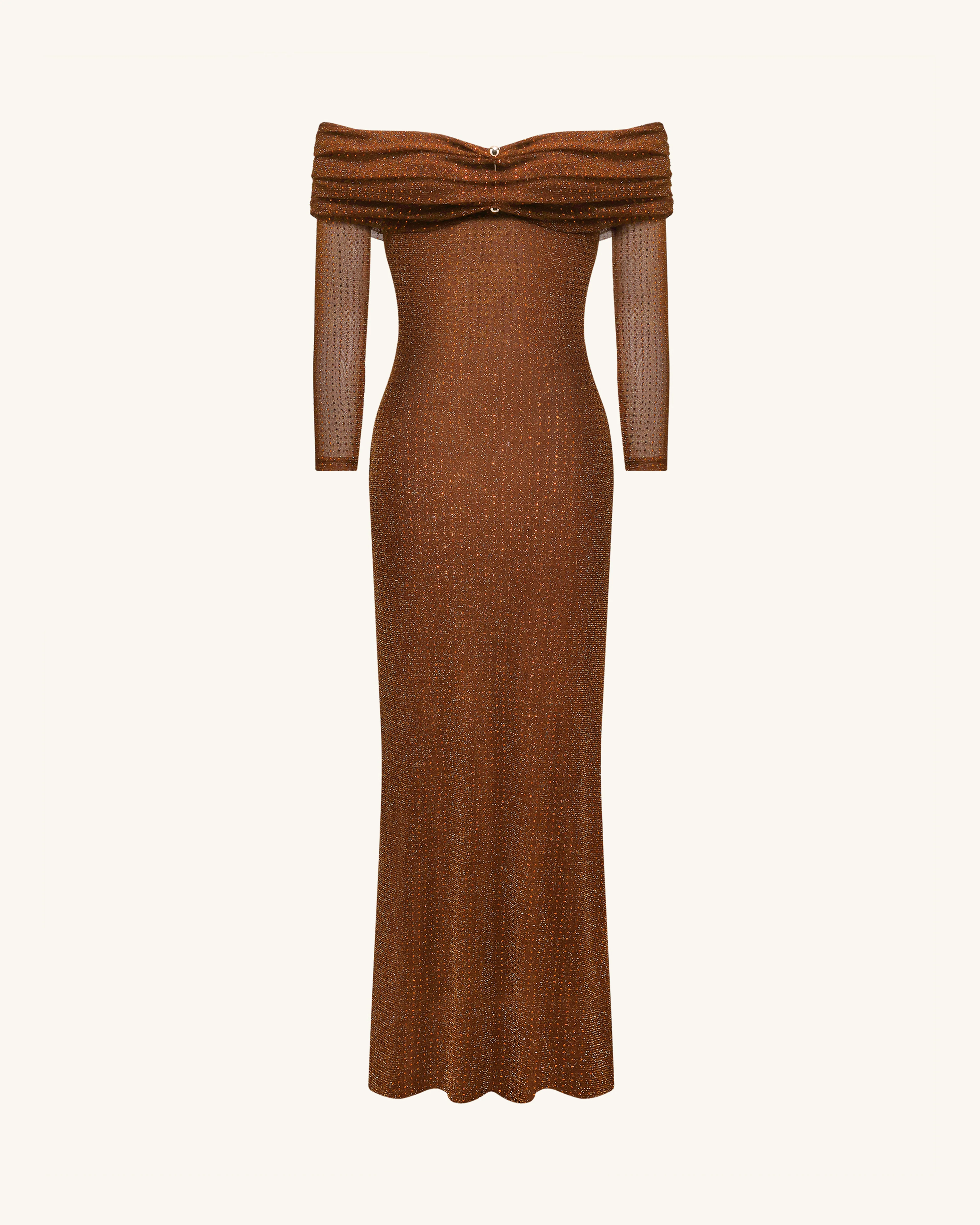 Rhinestone Mesh Off-Shoulder Maxi Dress - Brown - FASHION NOB