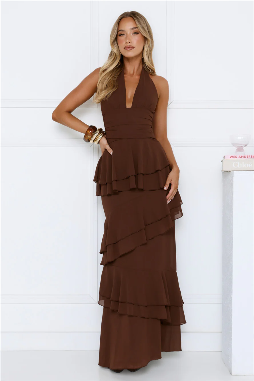 Power Glow Halter Maxi Dress Brown