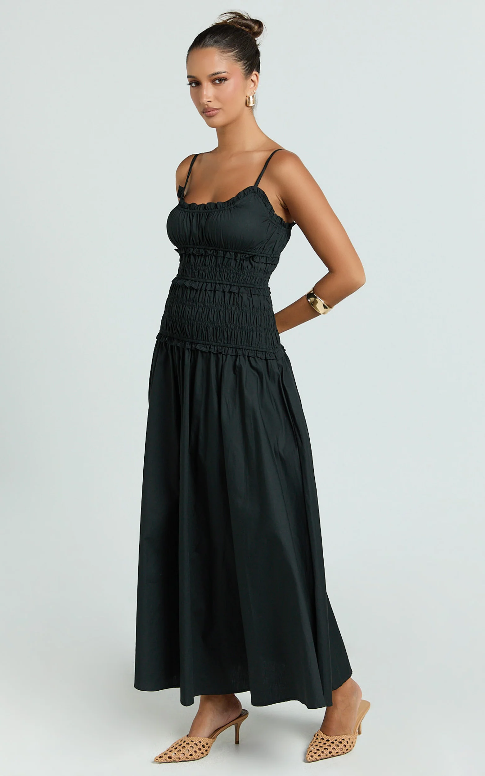Cami Midi Dress - Rushed Bodice Dress in Black