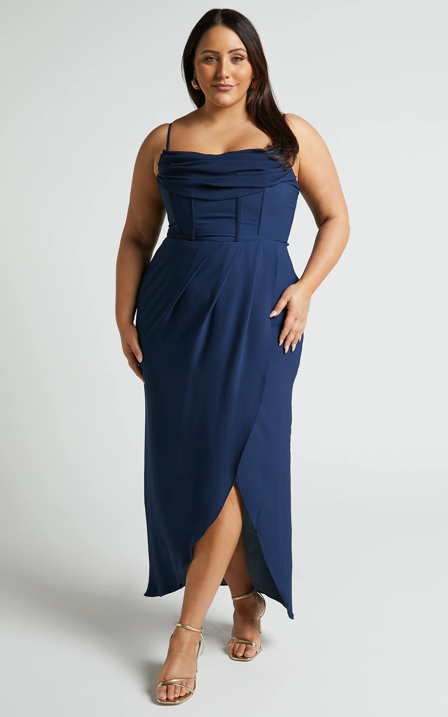 Andrina Midi Dress - High Low Wrap Corset Dress in Navy