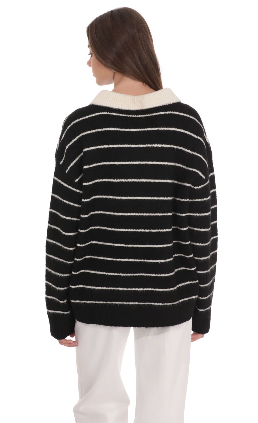 Striped Knit Rugby Jumper in Black
