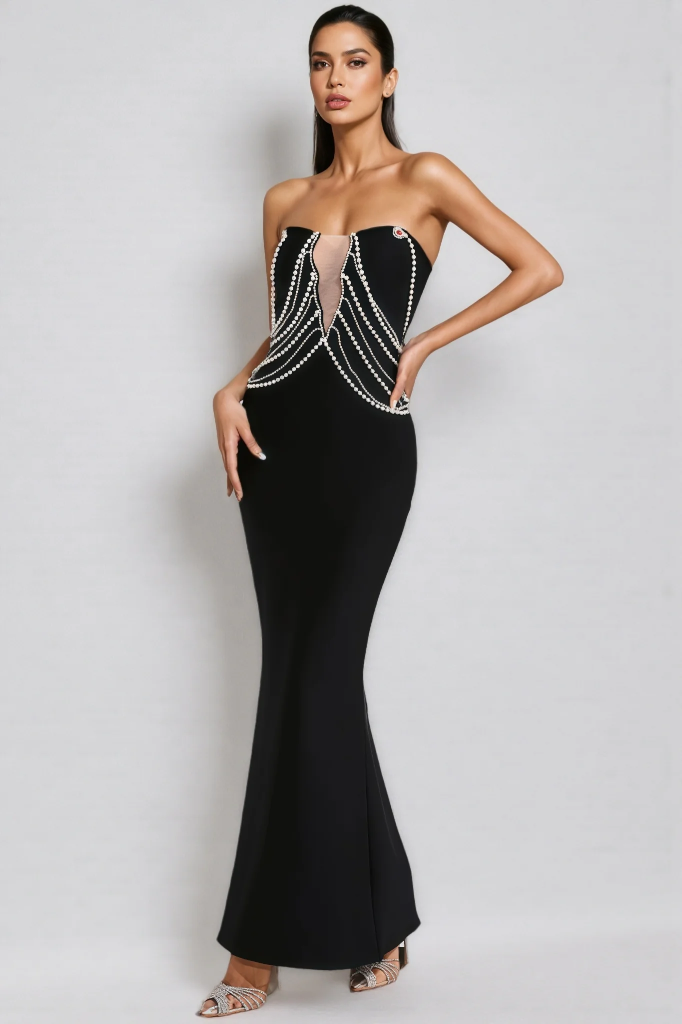 Vaughn Black Pearls Off Shoulder Maxi Dress