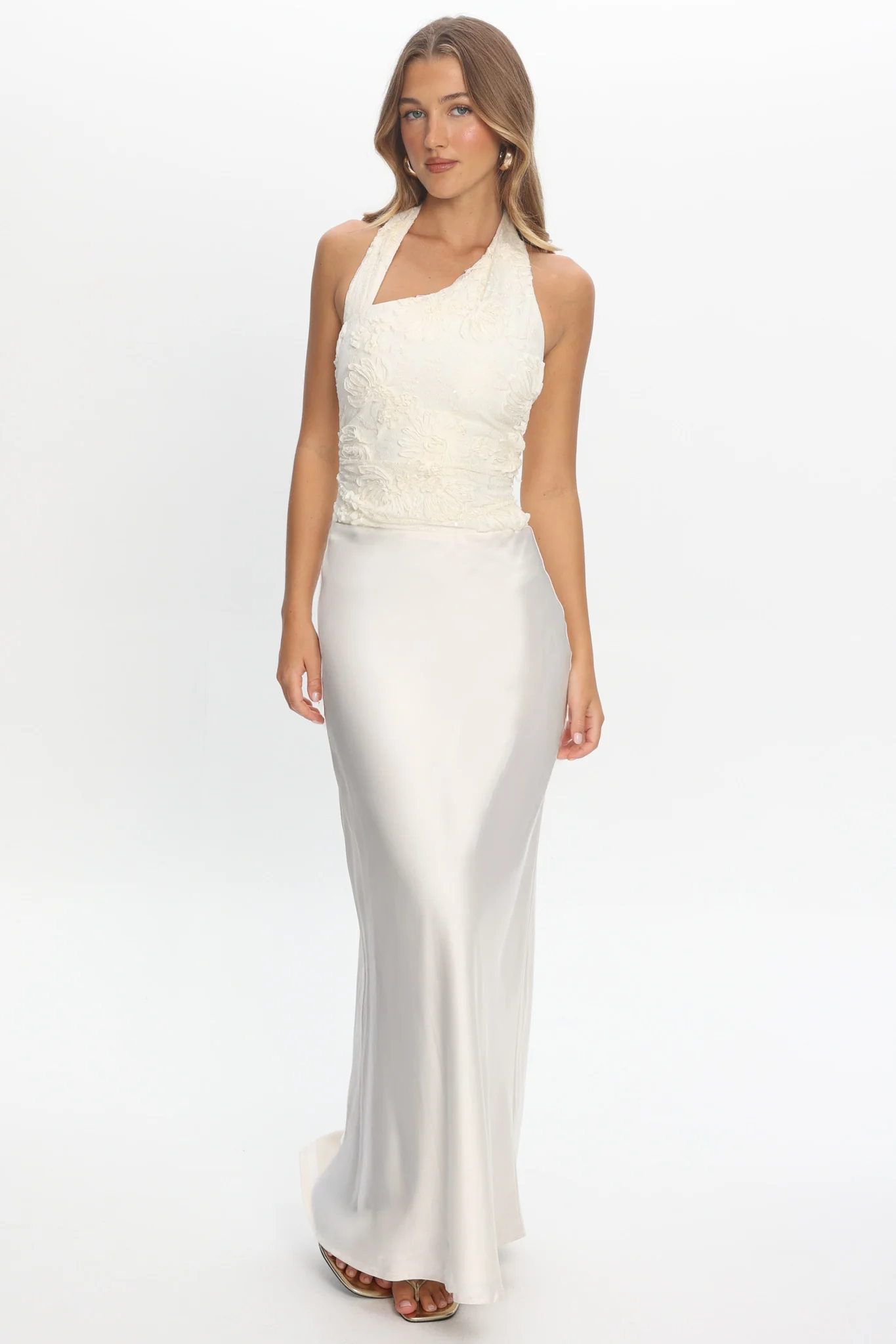 Rejina Asymmetric Neckline Embellished Maxi Dress Off White