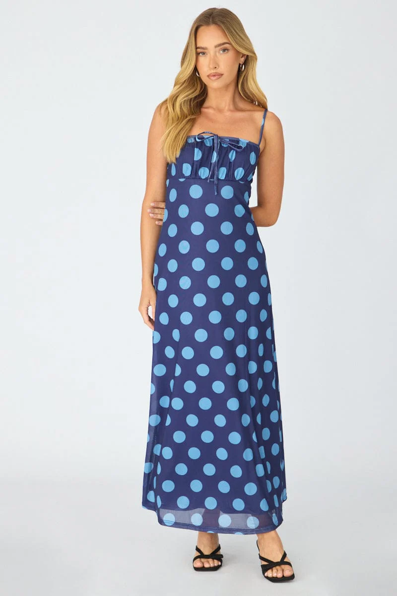 Blue Polka Dot Midi Dress Strappy