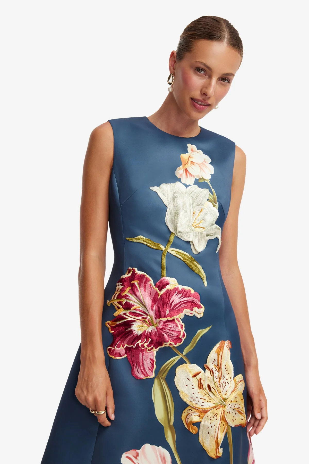 Cleo Embroidered Sleeveless Midi Dress - Lily Print in Indigo