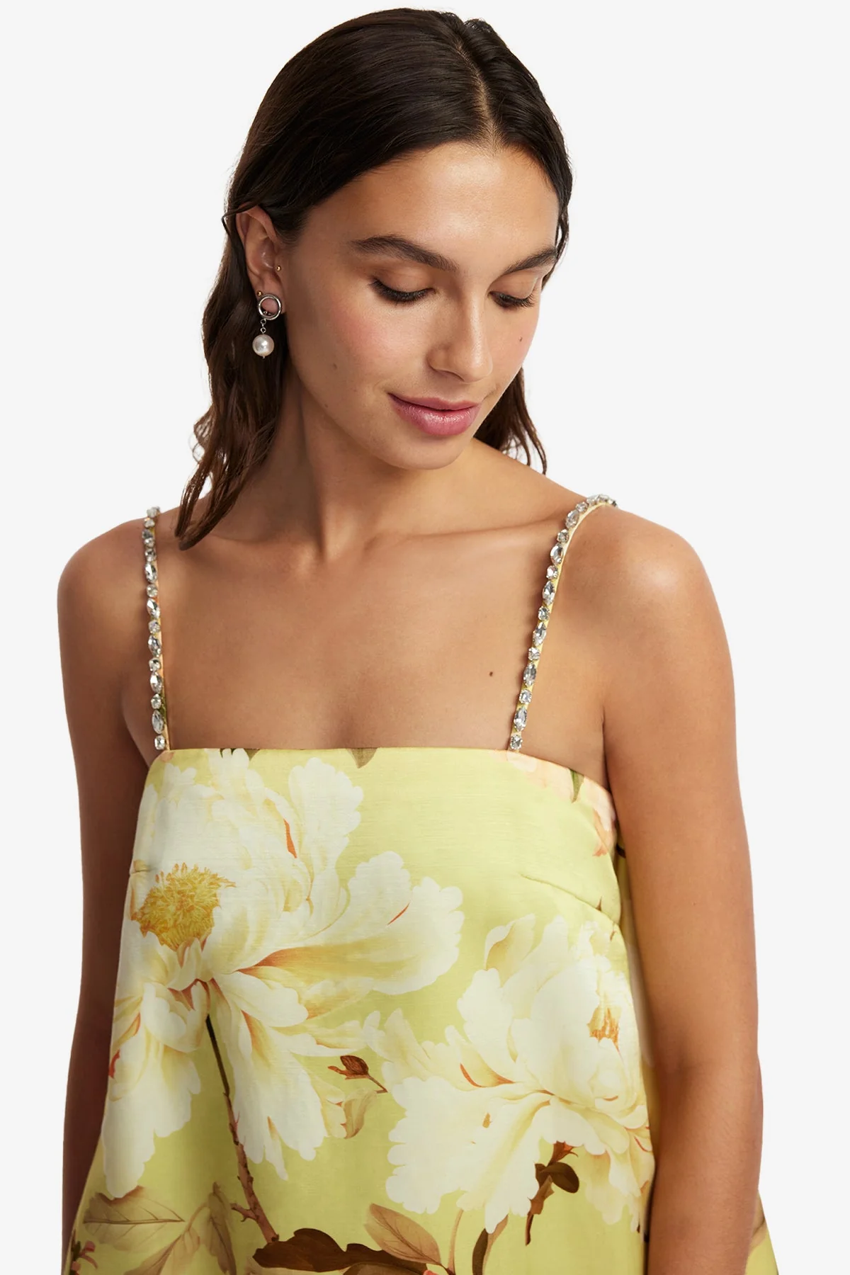Patsy Embellished Puff Mini Dress - Peony Print in Yellow
