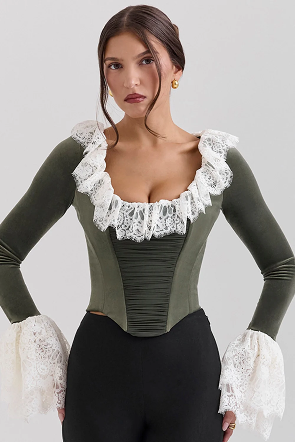 Forest Green Velvet Lace Trimmed Corset Top