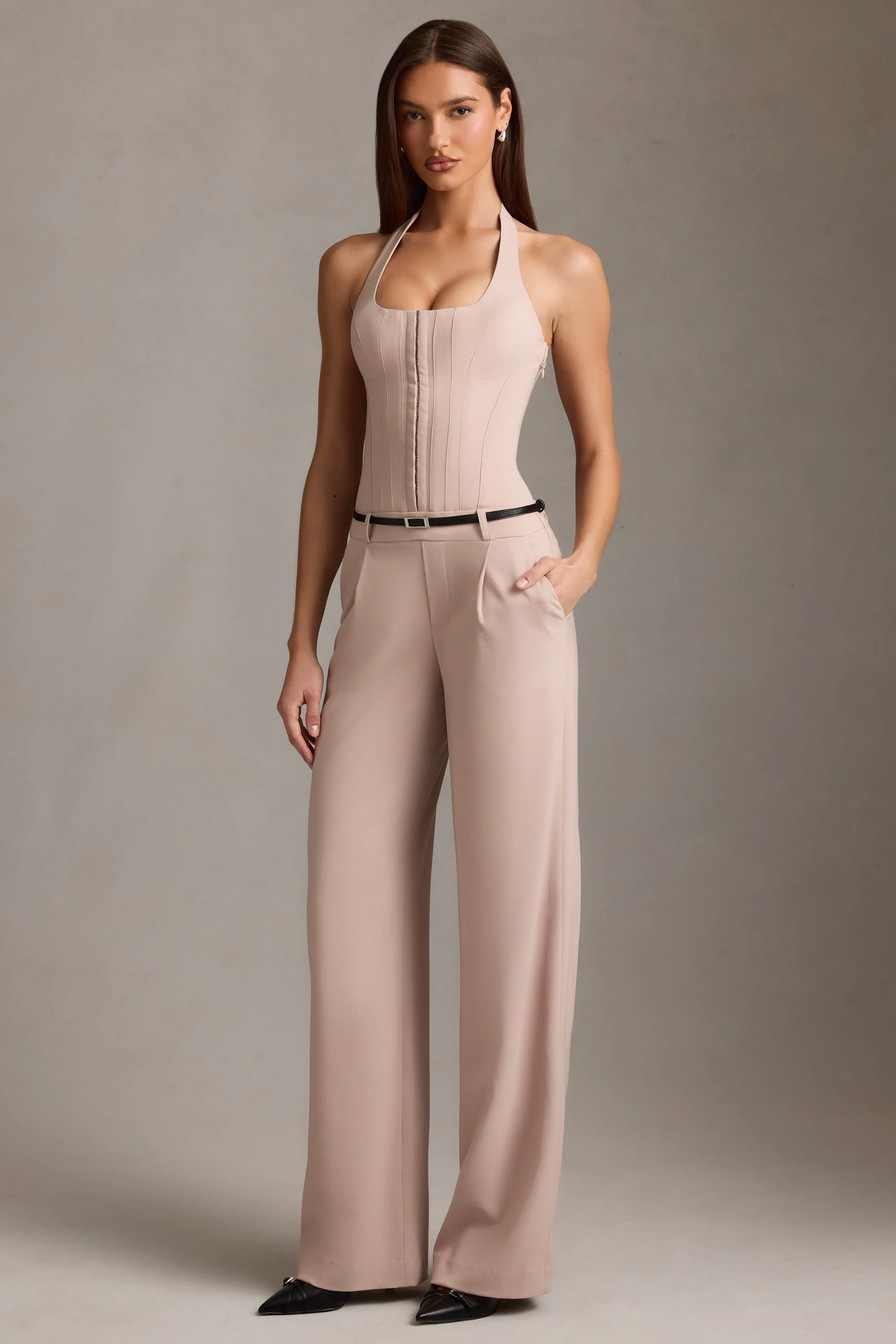 Corset-Detail Halterneck Jumpsuit in Mushroom