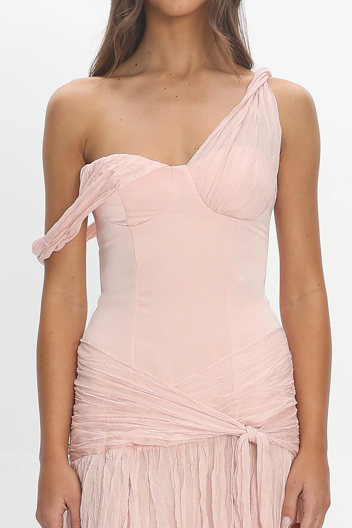 Keia Crepe Chiffon One-Shoulder Maxi Dress Light Pink - luluinthesky