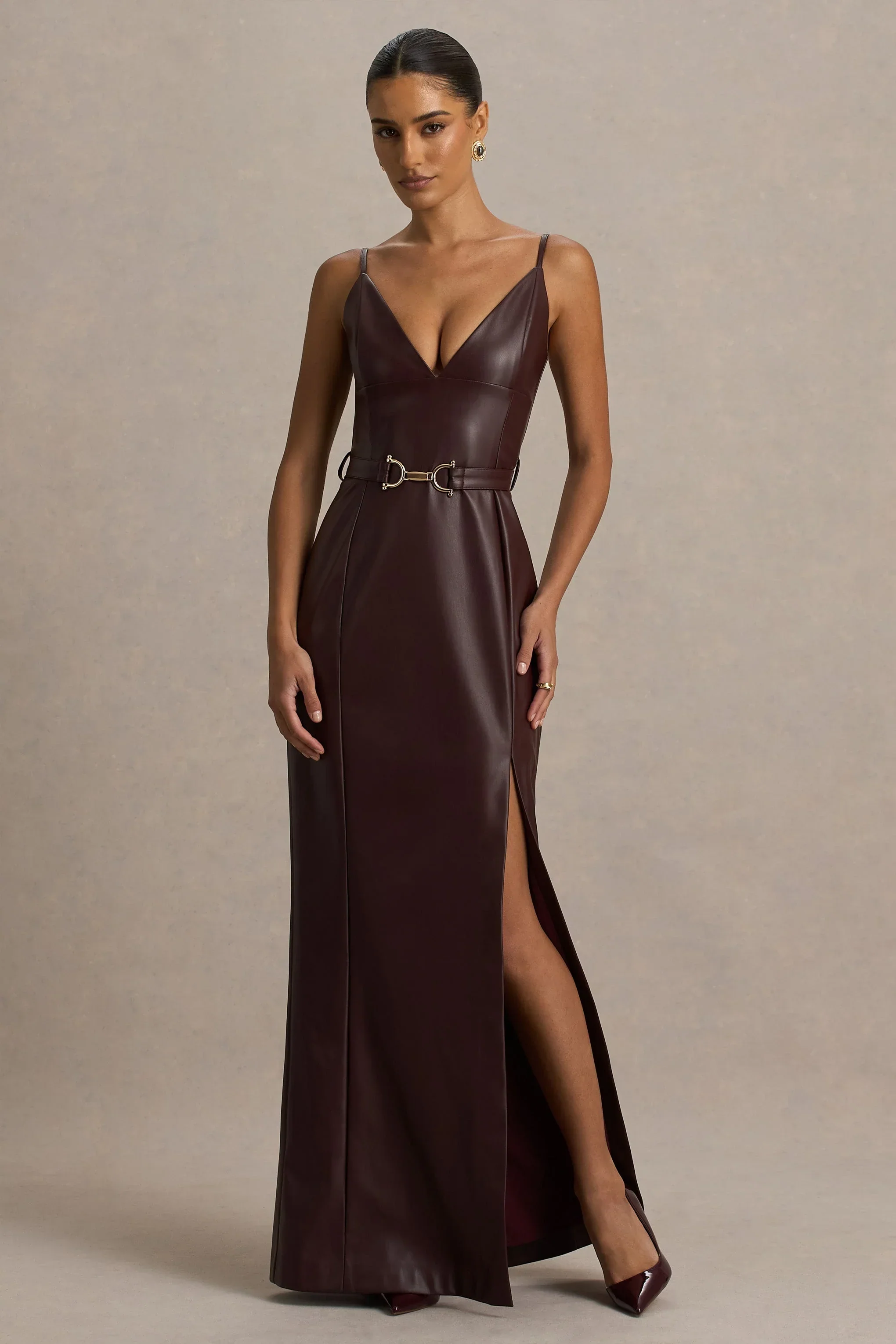 Lila | Burgundy Faux Leather Plunge-Neck Maxi Dress With Split