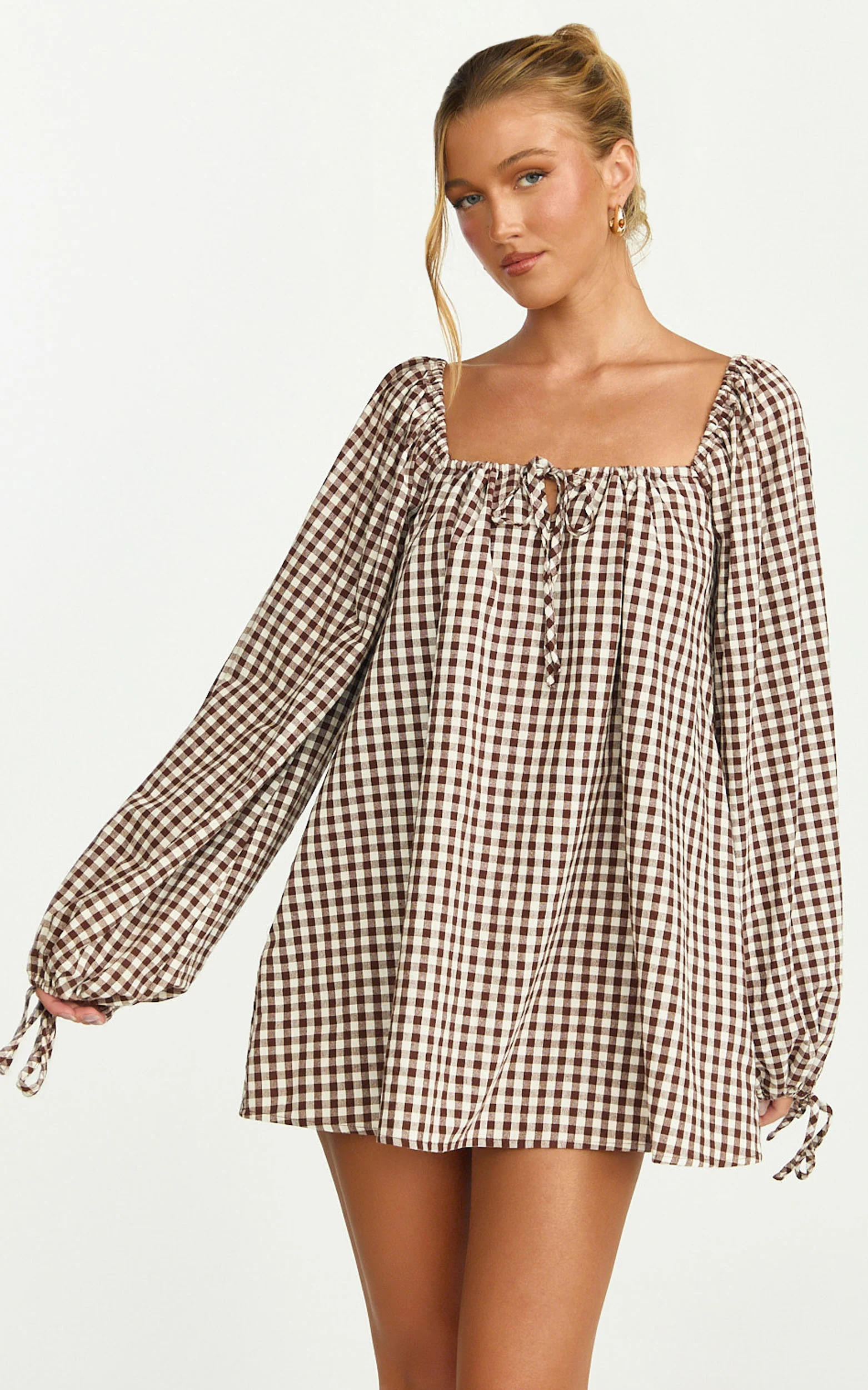 Brixton Mini Dress - Square Neck Smock Dress in Chocolate