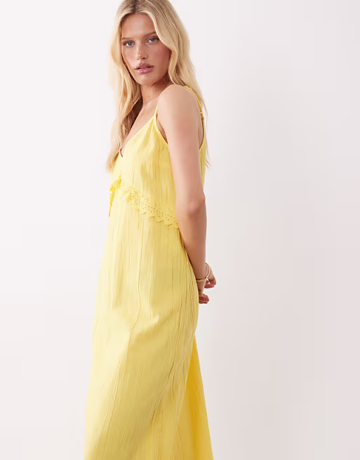VILA frill trim cotton cami maxi dress in yellow