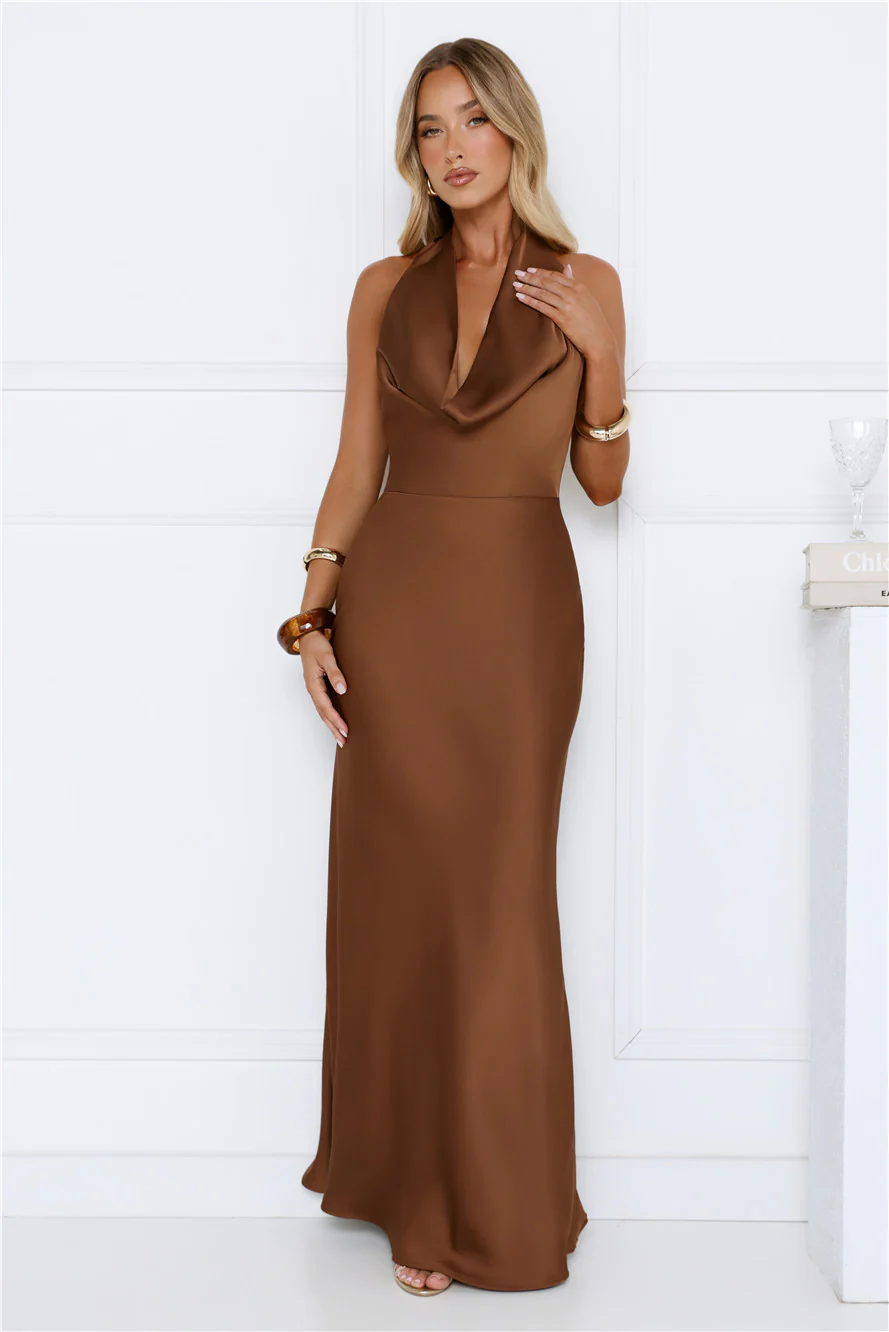 Cherry Whirl Satin Halter Maxi Dress Brown