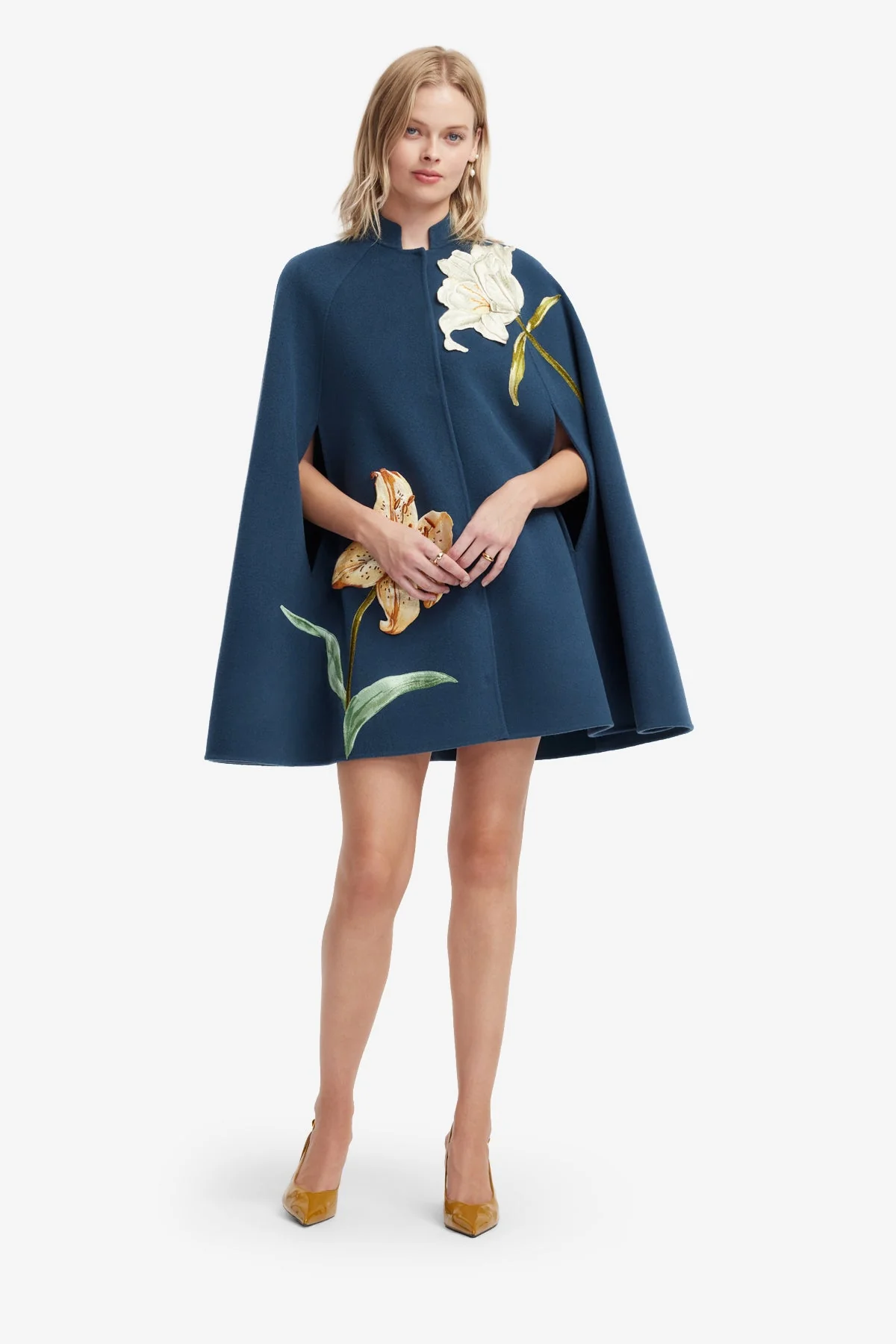 Sloane Embroidered Wool Cape Jacket - Lily Print in Indigo