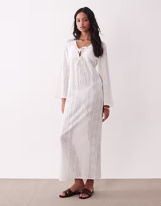 Esmée knit tie front maxi beach dress cover up in white