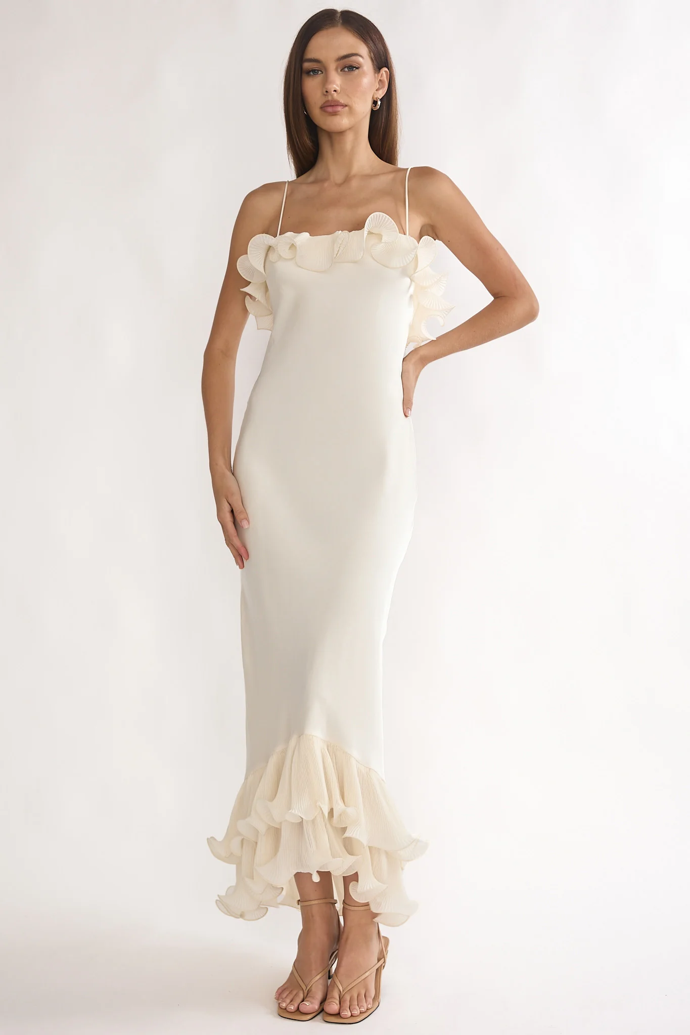 Okay, Cupid Low Back Ruffle Trim Maxi Dress Oyster
