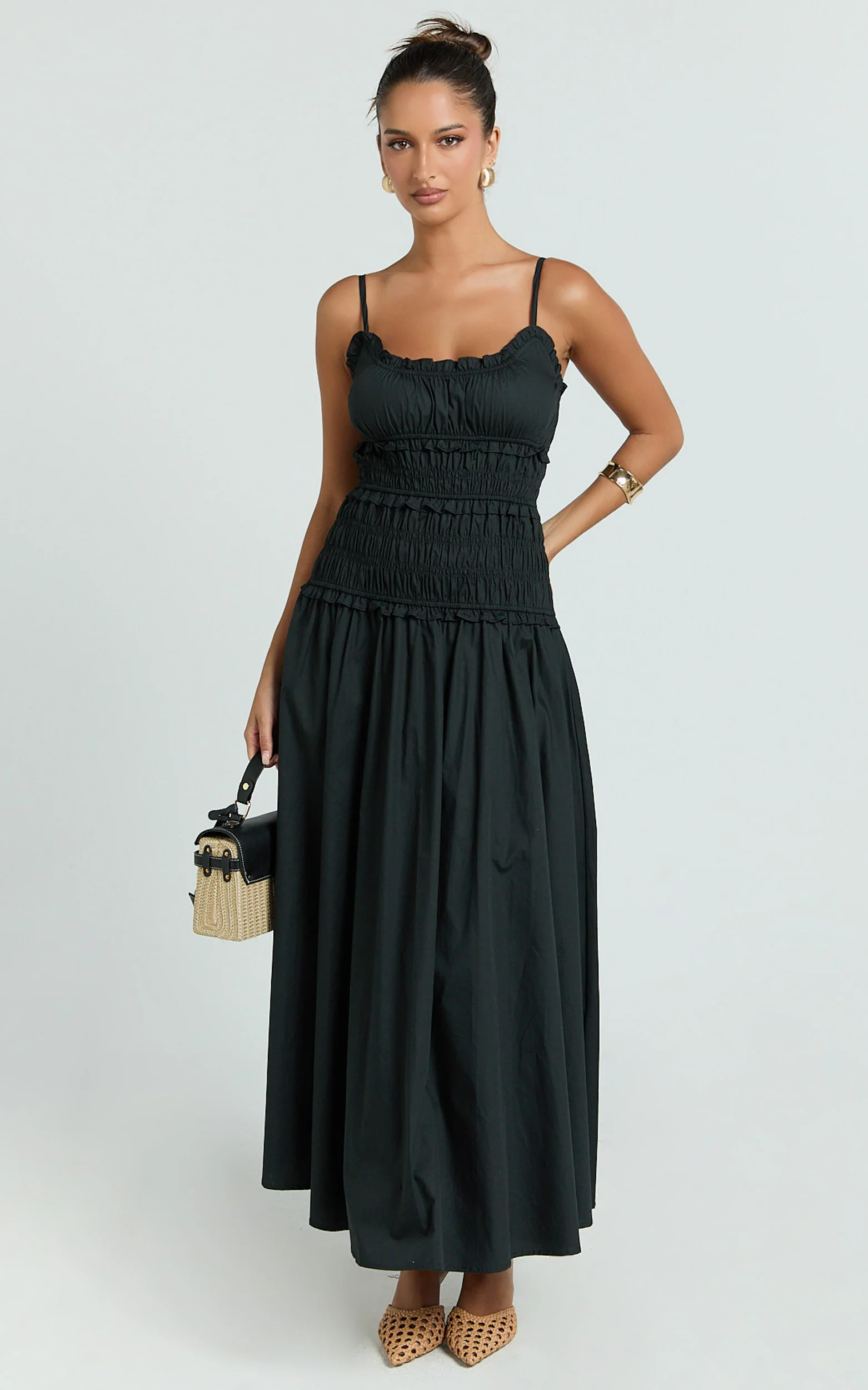 Cami Midi Dress - Rushed Bodice Dress in Black