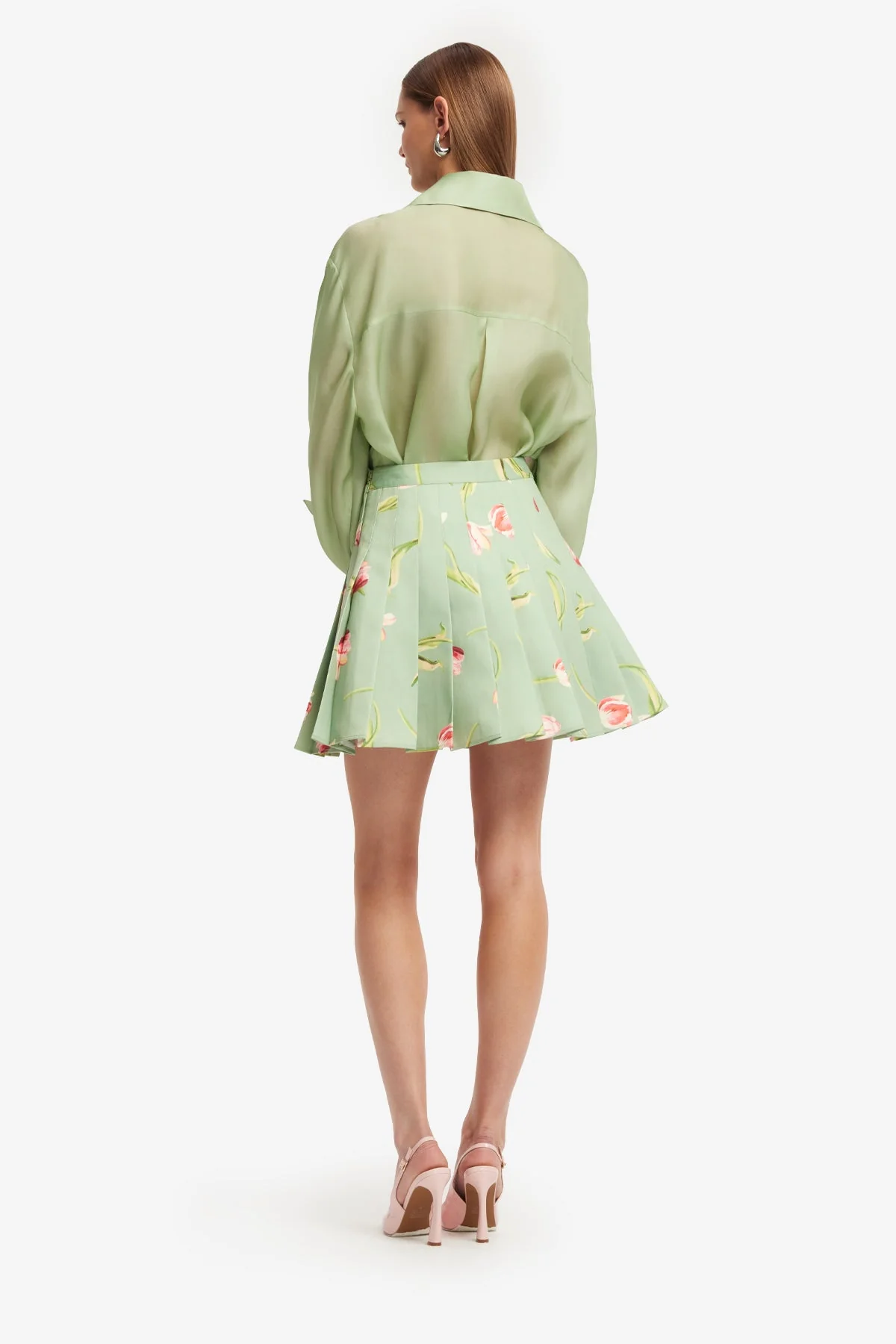 Melody Pleated Mini Skirt - Tulip Print in Green