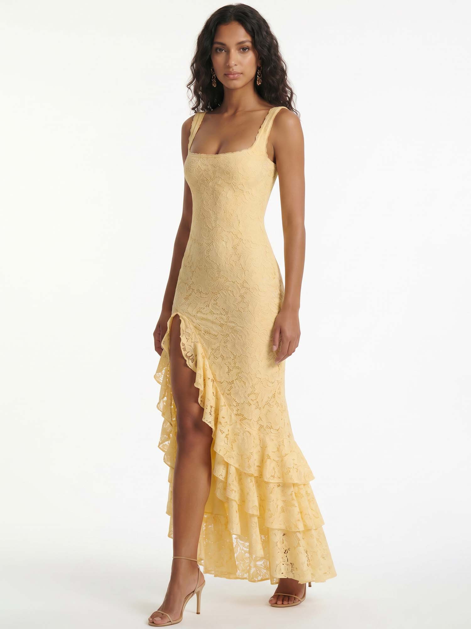 Golden Ruffle Lace Midi Dress