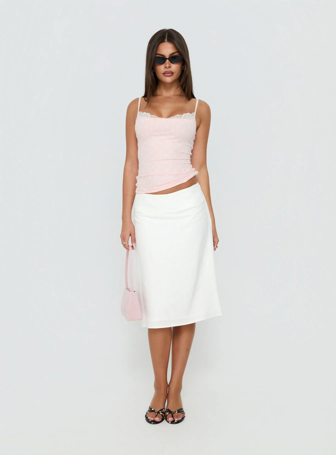 Spring To Summer Lace Trim Cami Top Pink Polka Dot