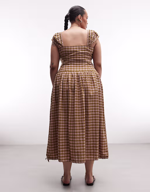 COLLUSION Plus shirred cap sleeve midi dress in green check