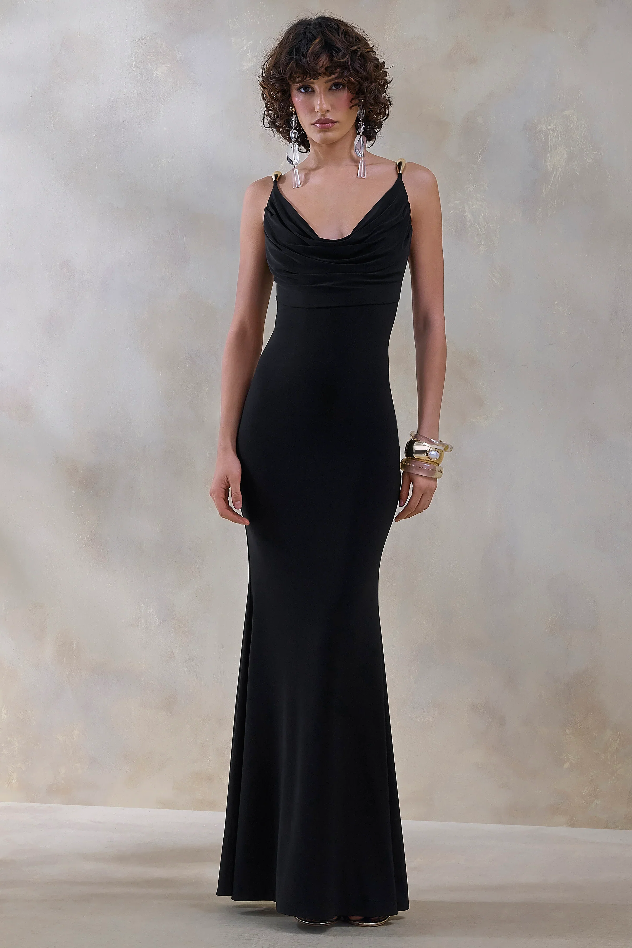 Iridessa | Black Plunge-Neck Maxi Dress