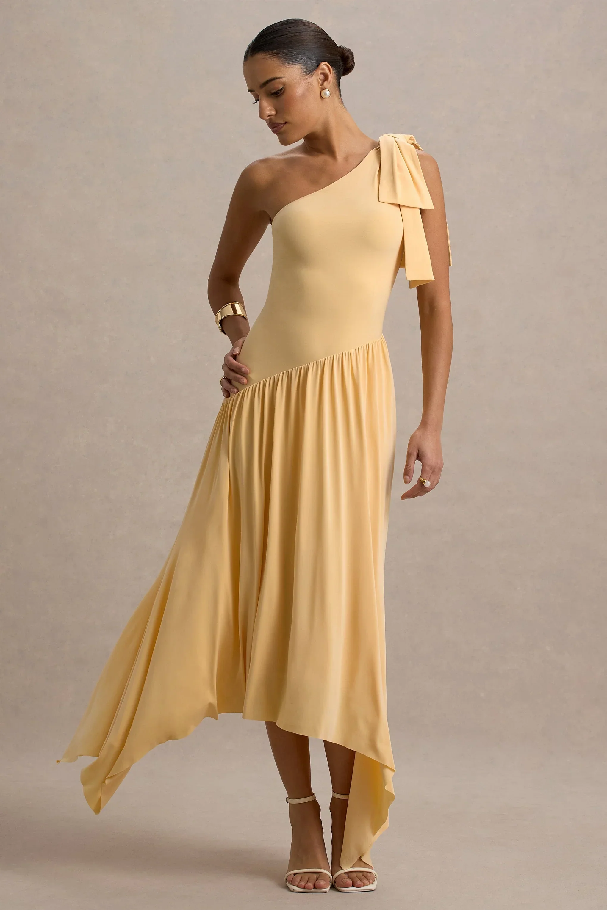 Lotus Love | Orange One-Shoulder Hanky-Hem Maxi Dress With Bow