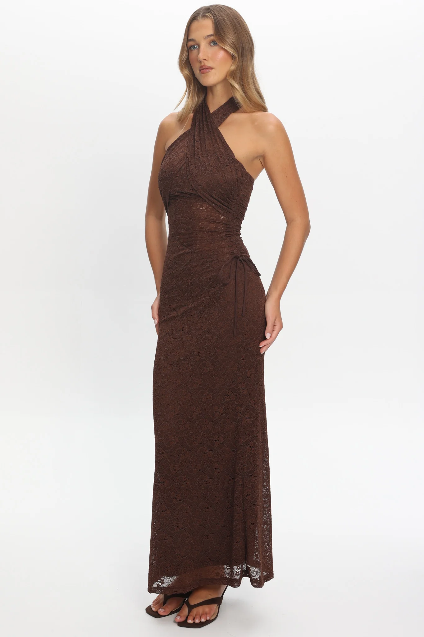 Karmella Ruched Halterneck Maxi Dress Chocolate - luluinthesky
