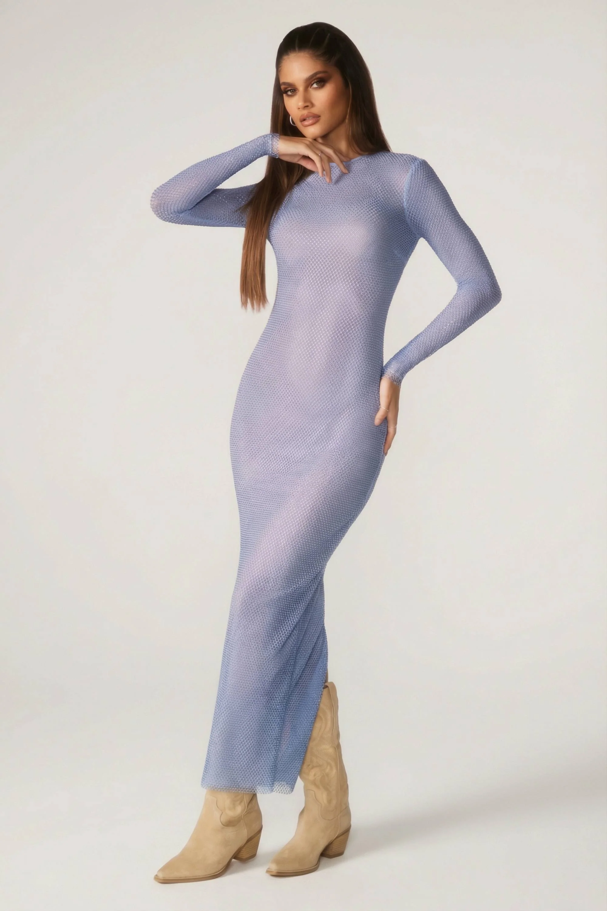 Embellished Long Sleeve Maxi Dress in Blue