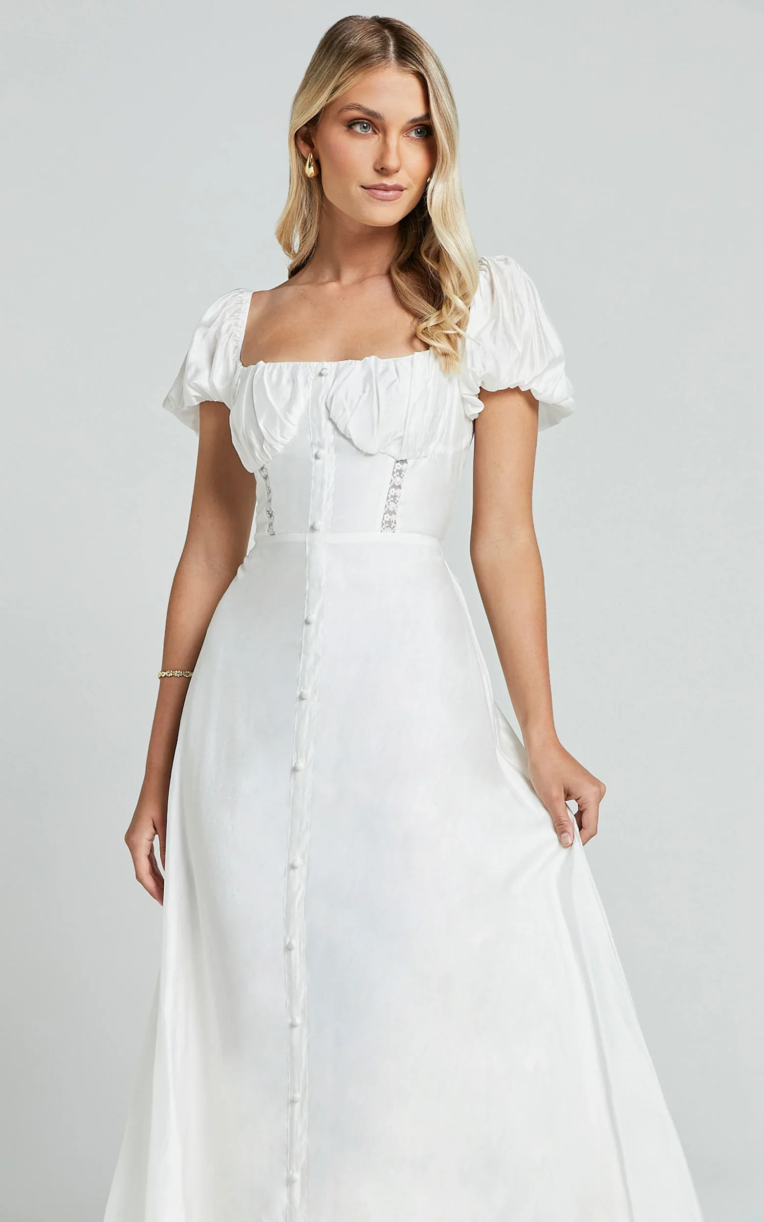 Giselle Midi Dress - Puff Sleeve Corset Flare Dress in White
