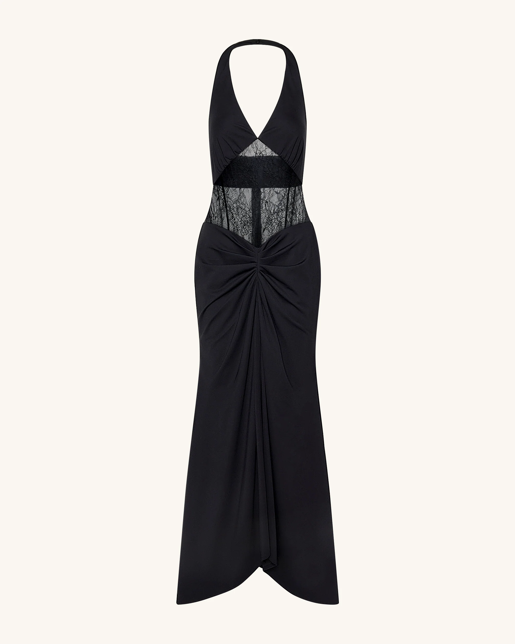 Ruched Lace Panel Maxi Dress - Black - FASHION NOB