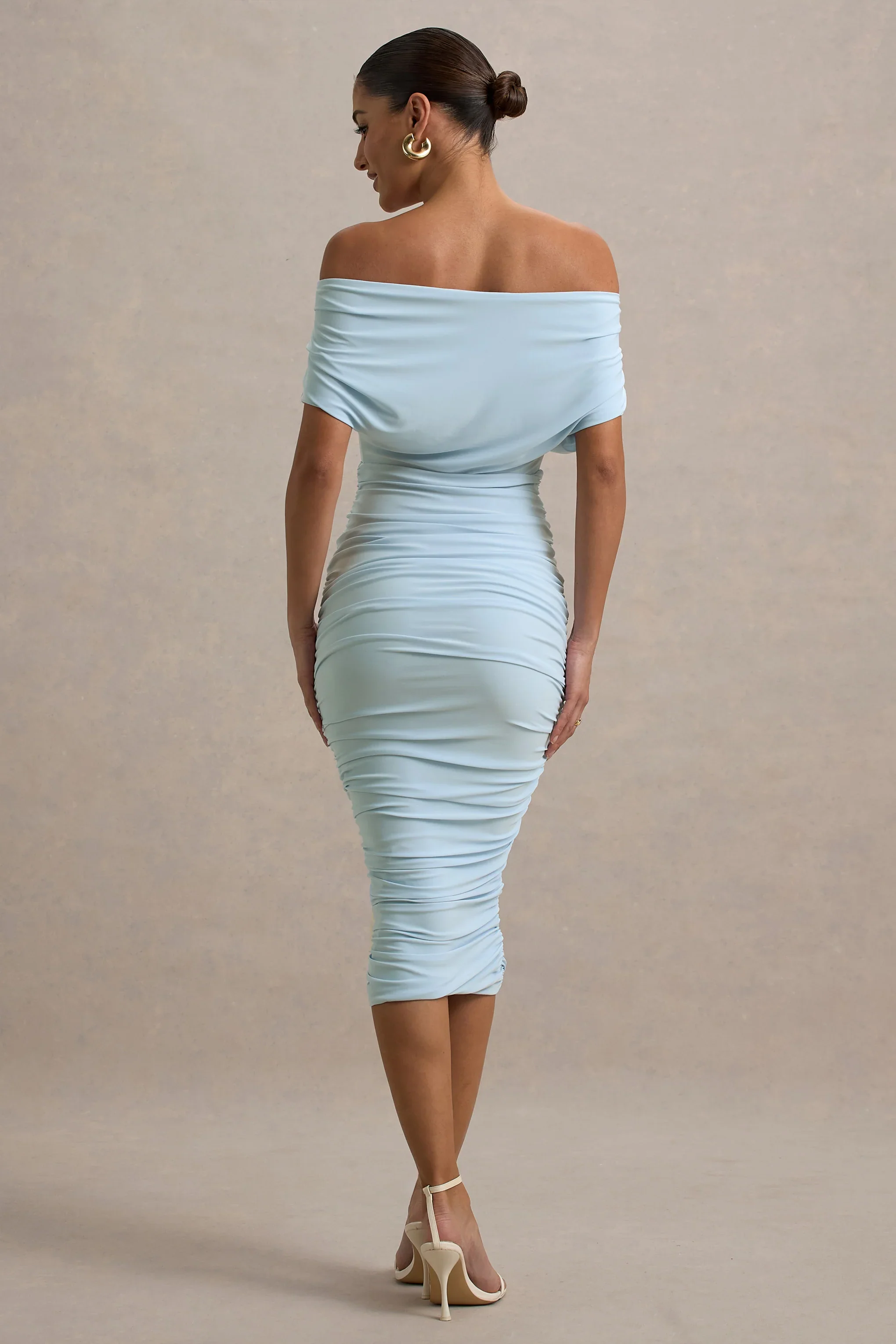 Rayleigh | Powder Blue Bardot Ruched Midi Dress
