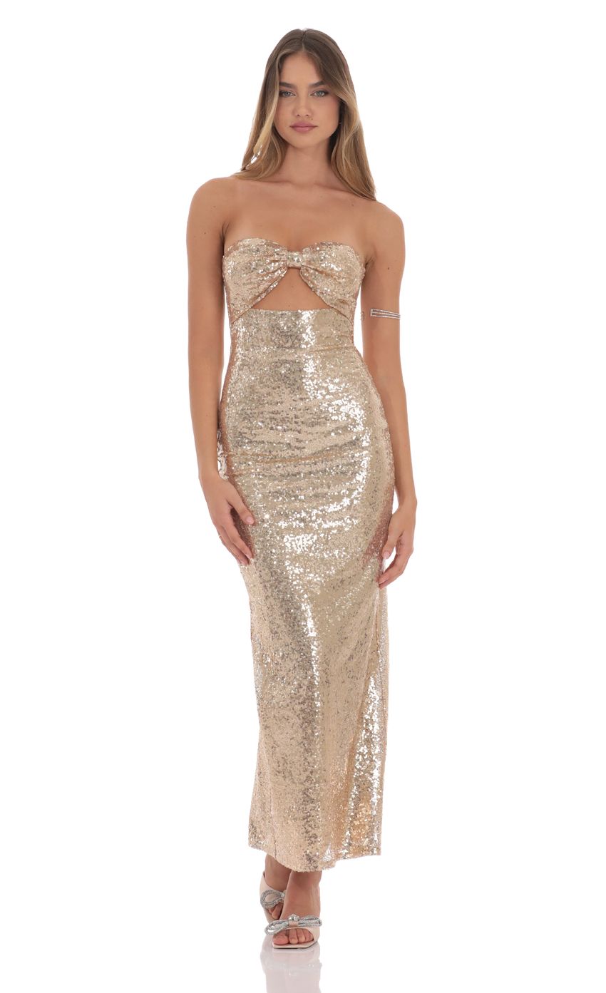 Sequin Bow Cutout Maxi Dress in Gold