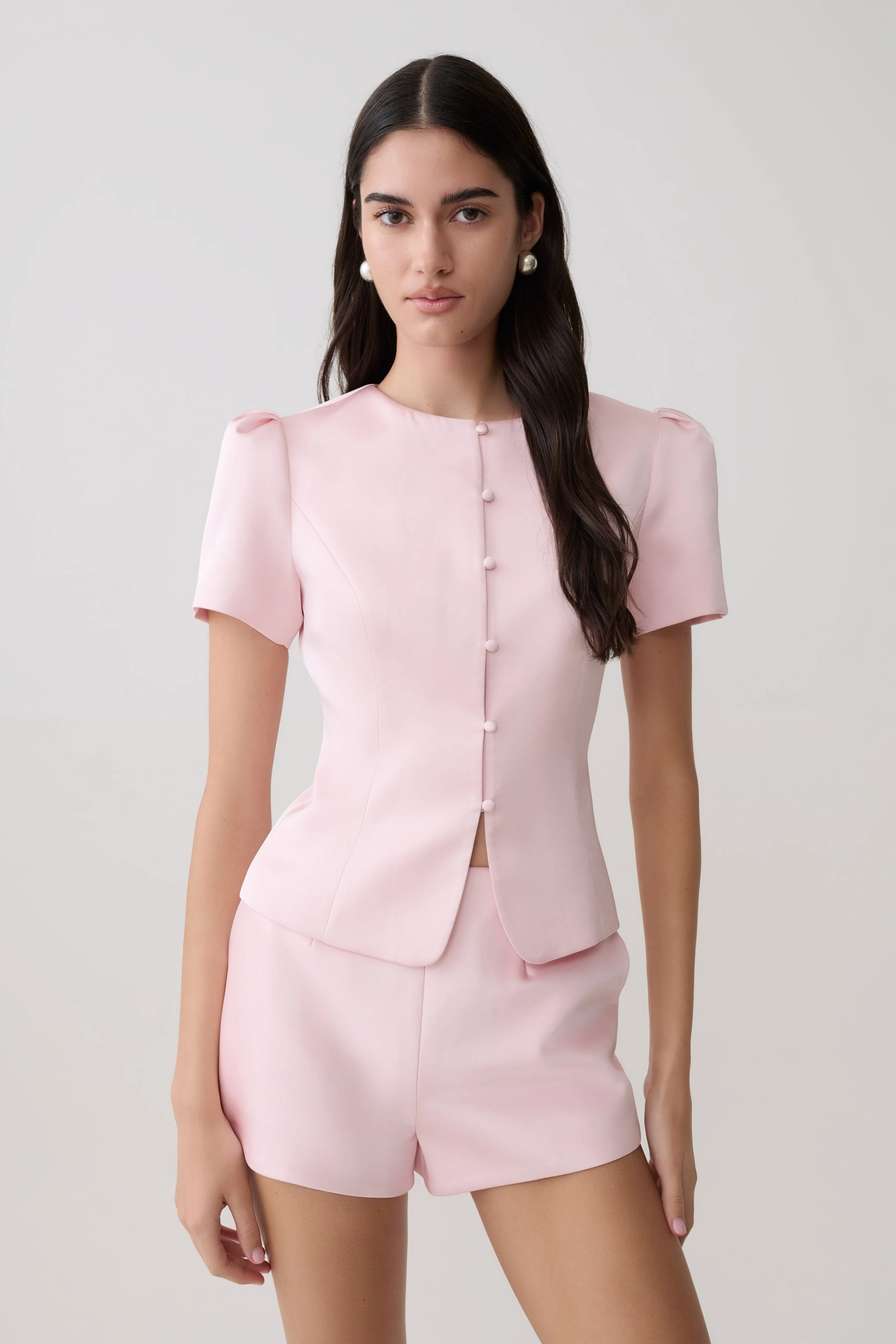 Anne Short Sleeve Satin Top - Pale Pink