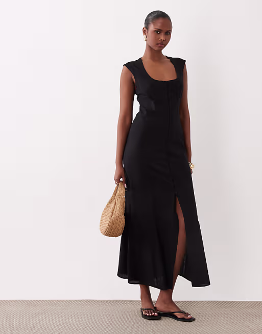 square neck button down midi sundress in black